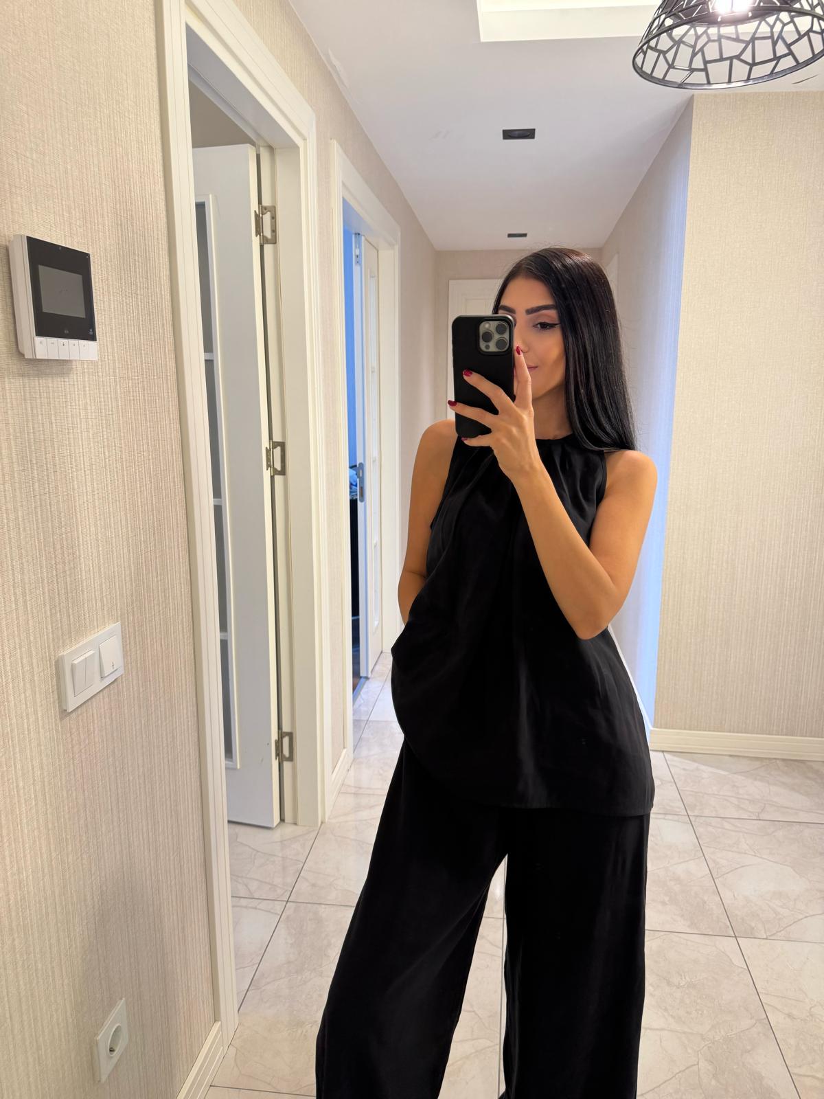 Yakası Pileli Modest Tensel Takım Siyah