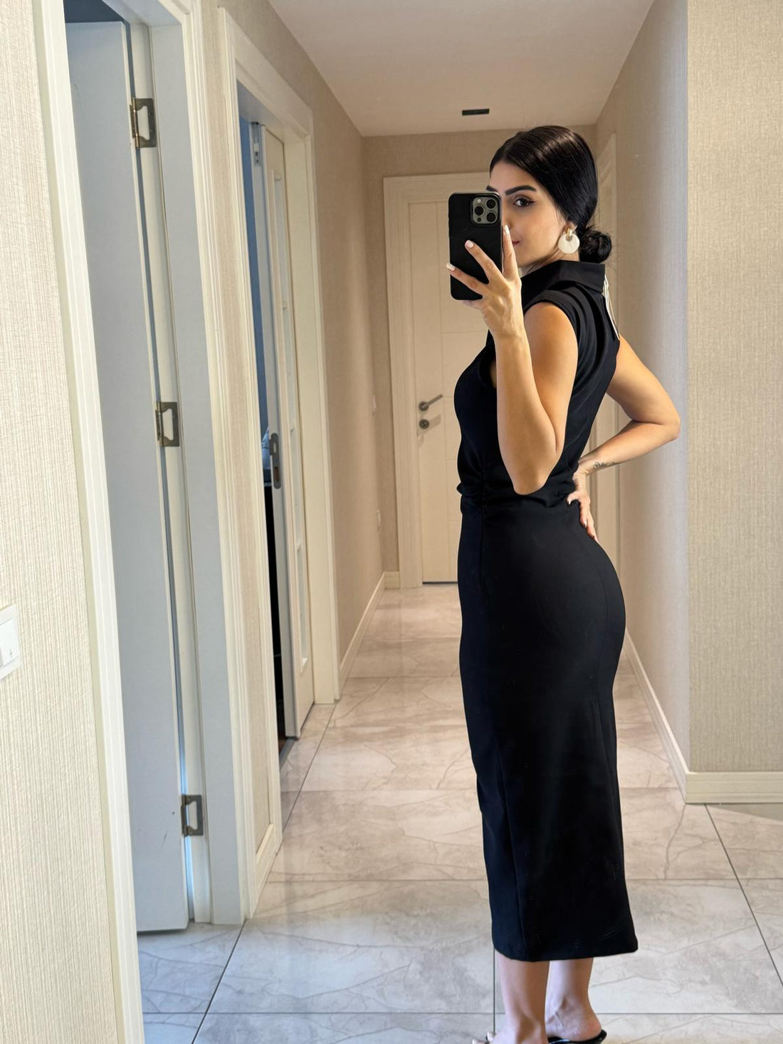 Likralı Drapeli Midi Boy Gold Düğme Elbise Siyah