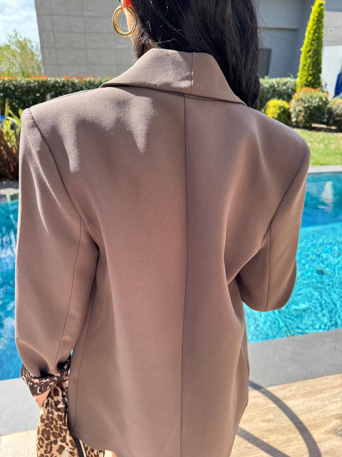 Premium Kalite Leopar Astarlı Double Kumaş Blazer Ceket Kahverengi