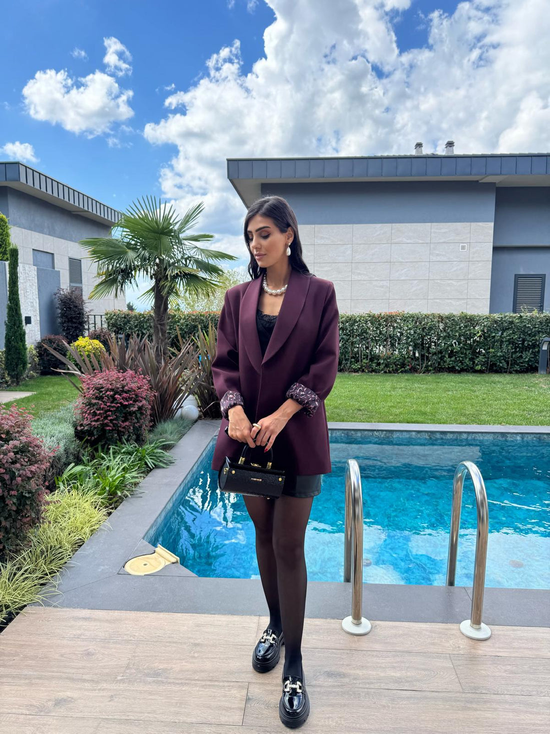 Premium Kalite Leopar Astarlı Double Kumaş Blazer Ceket Mürdüm Bordo