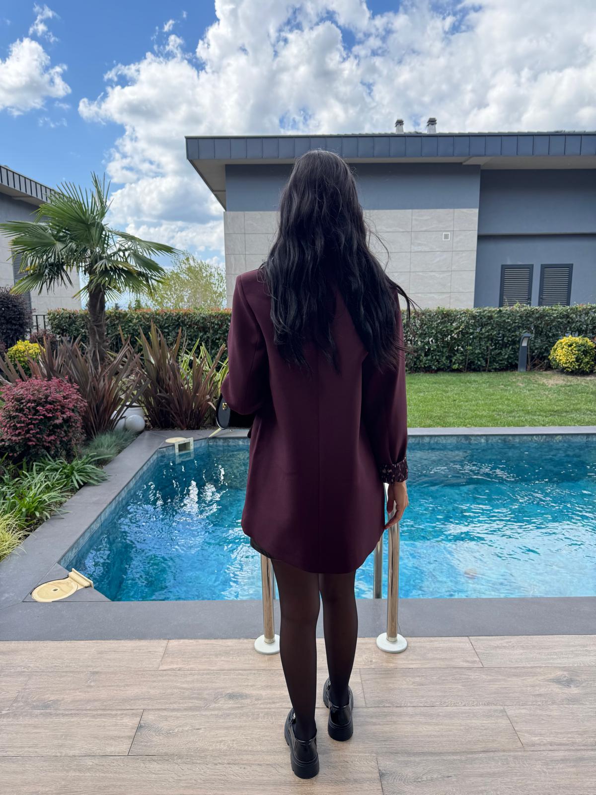 Premium Kalite Leopar Astarlı Double Kumaş Blazer Ceket Mürdüm Bordo
