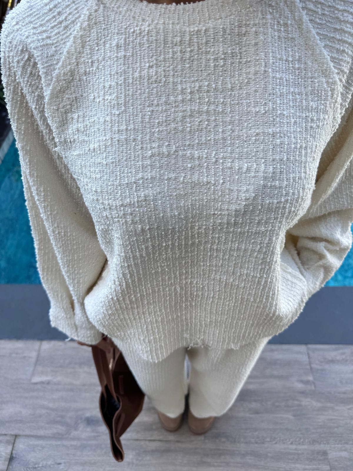 Ekru Kazak Beli Lastikli Pantolon Buklet Kumaş Takım