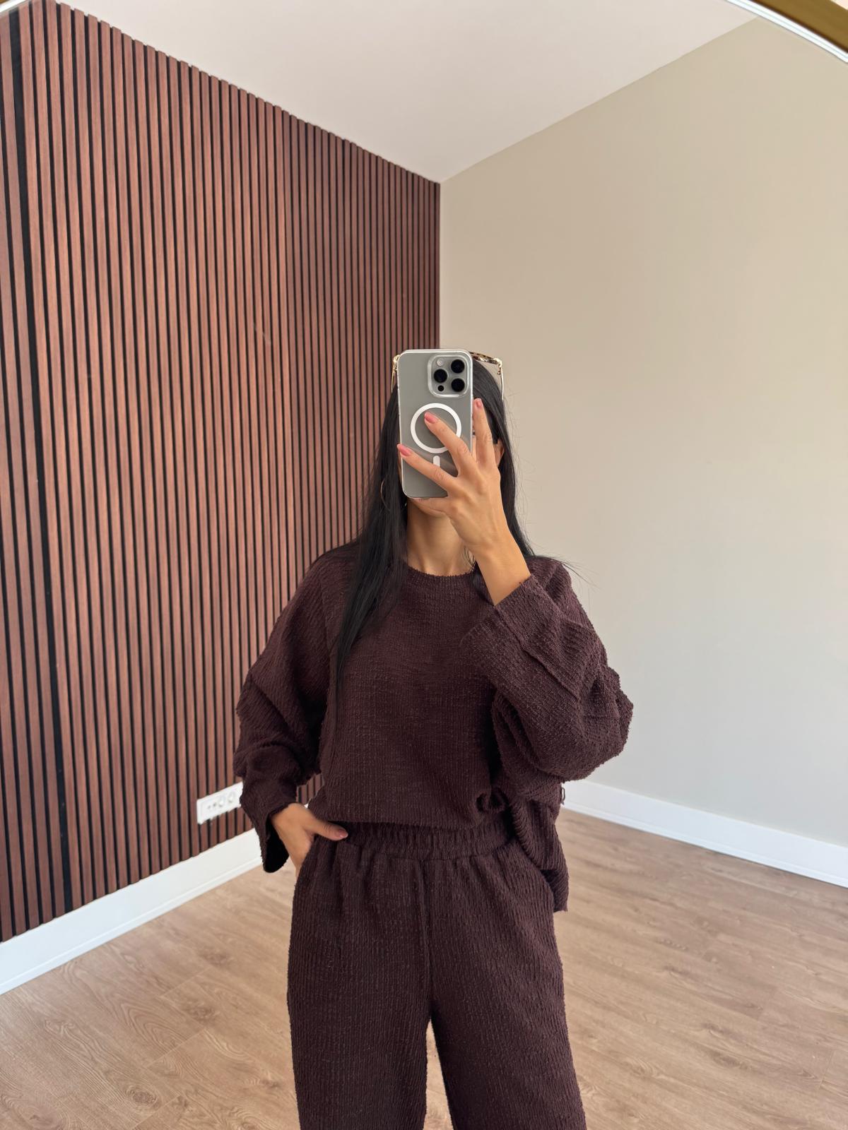 Acı Kahve Kazak Beli Lastikli Pantolon Buklet Kumaş Takım