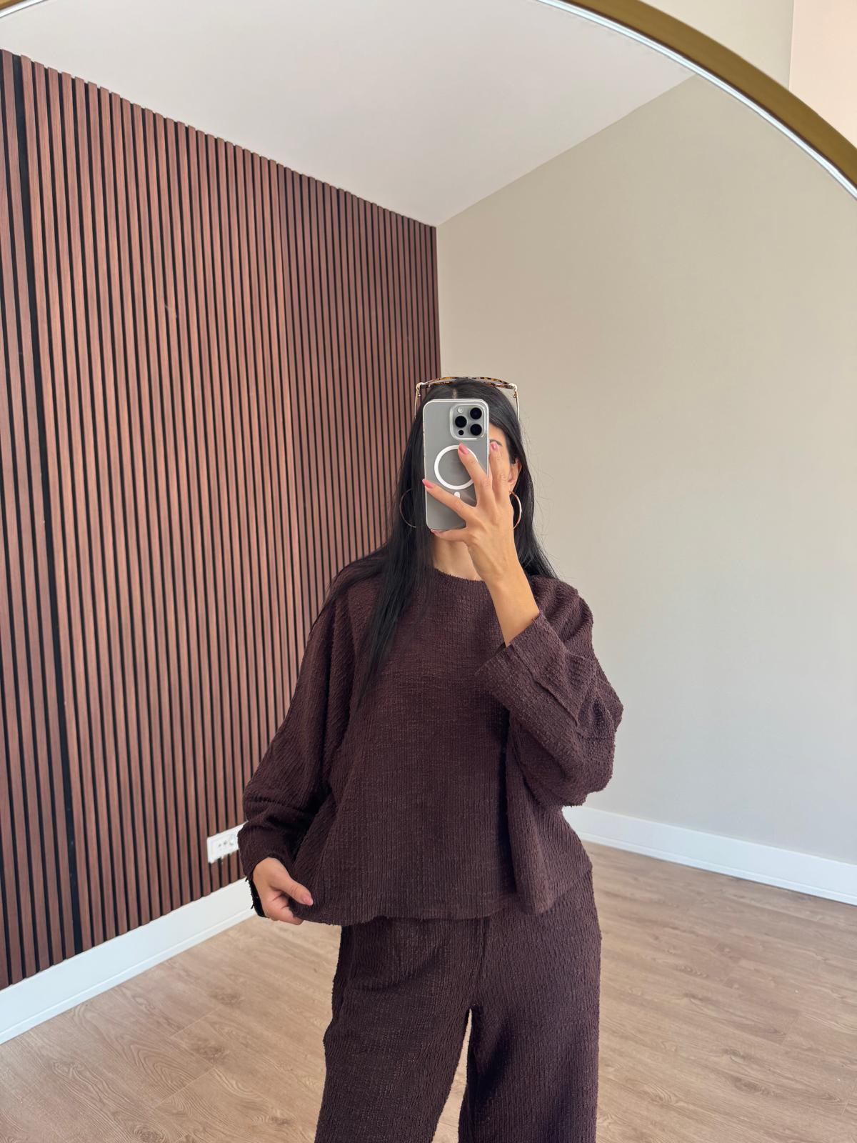 Acı Kahve Kazak Beli Lastikli Pantolon Buklet Kumaş Takım