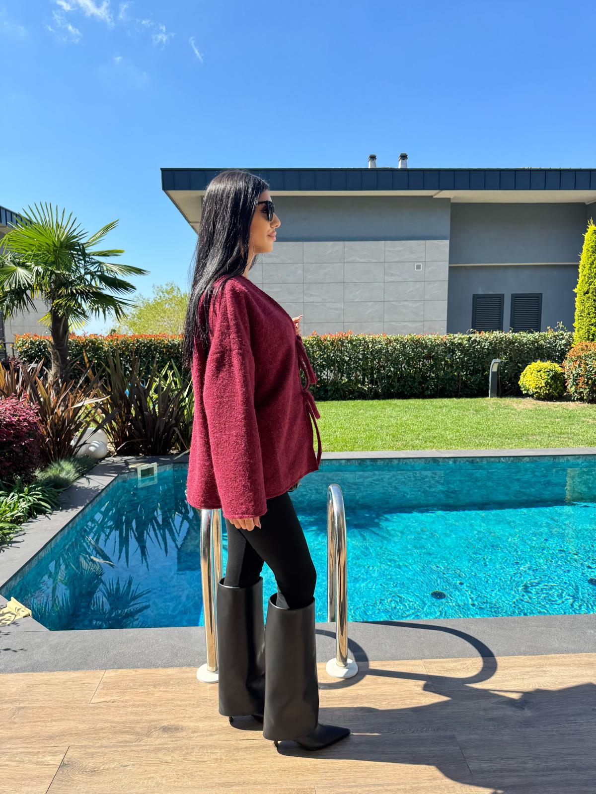 Önden Bağlamalı Kırçıllı Ceket Bordo