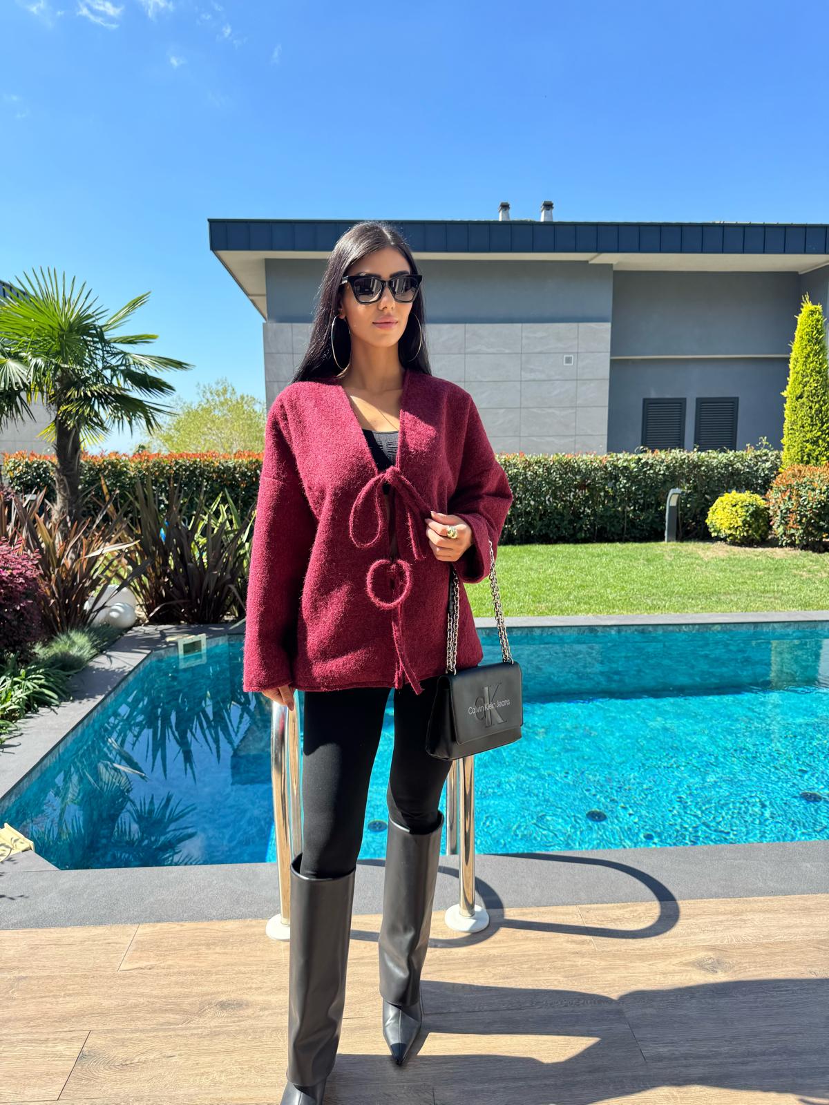 Önden Bağlamalı Kırçıllı Ceket Bordo