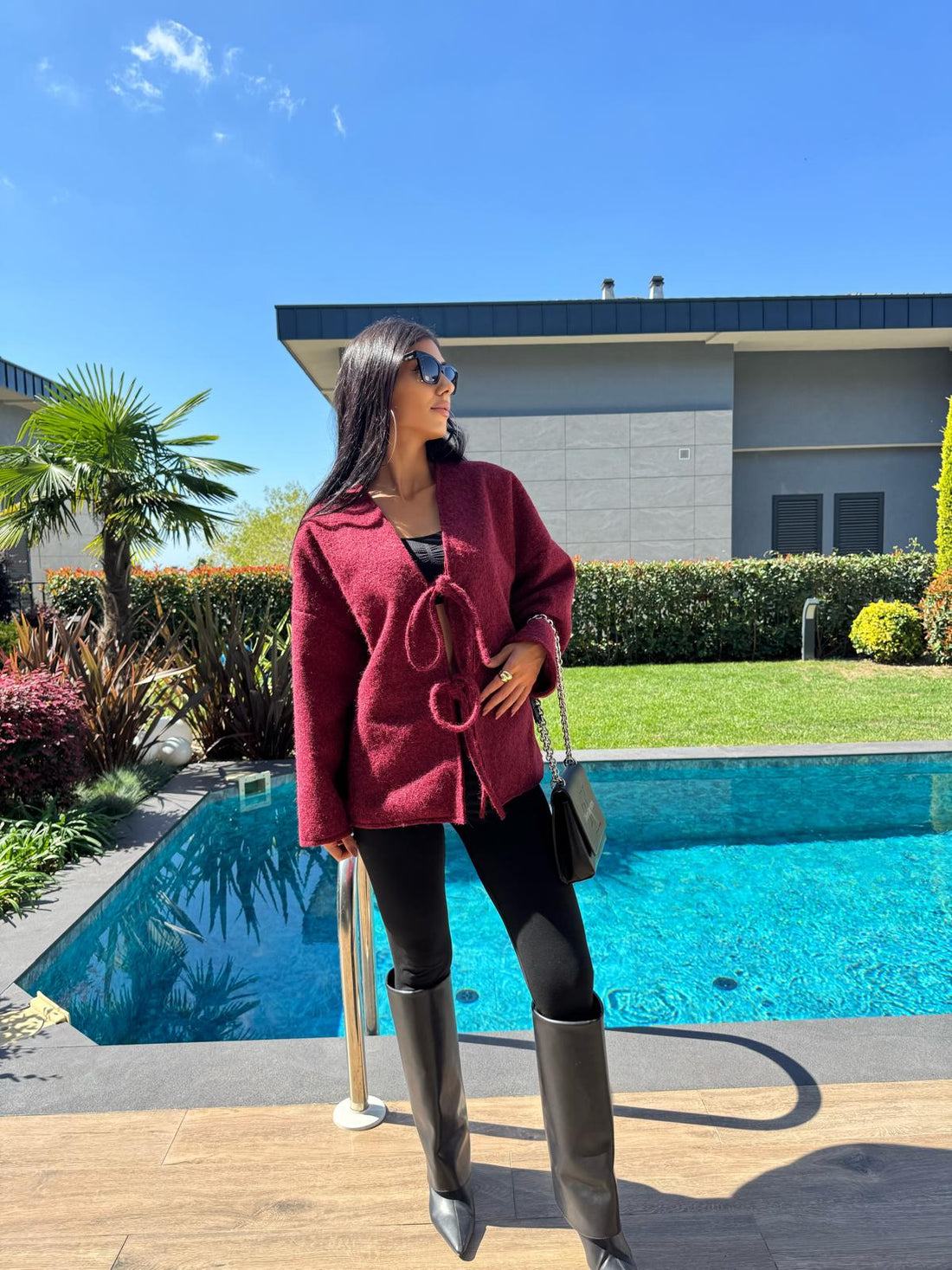 Önden Bağlamalı Kırçıllı Ceket Bordo