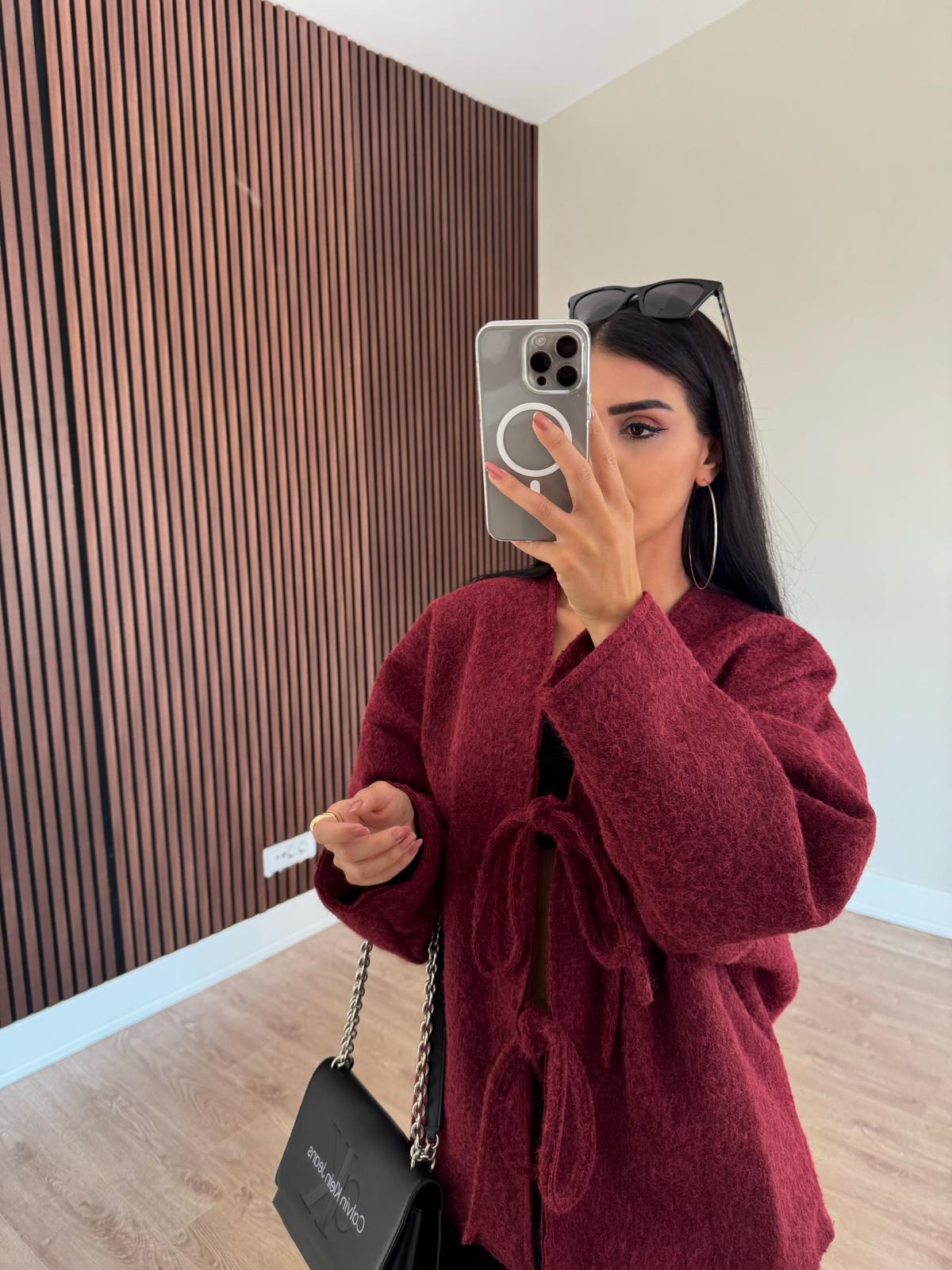 Önden Bağlamalı Kırçıllı Ceket Bordo