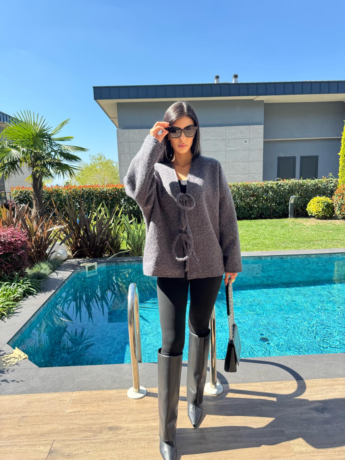 Önden Bağlamalı Kırçıllı Ceket Antrasit