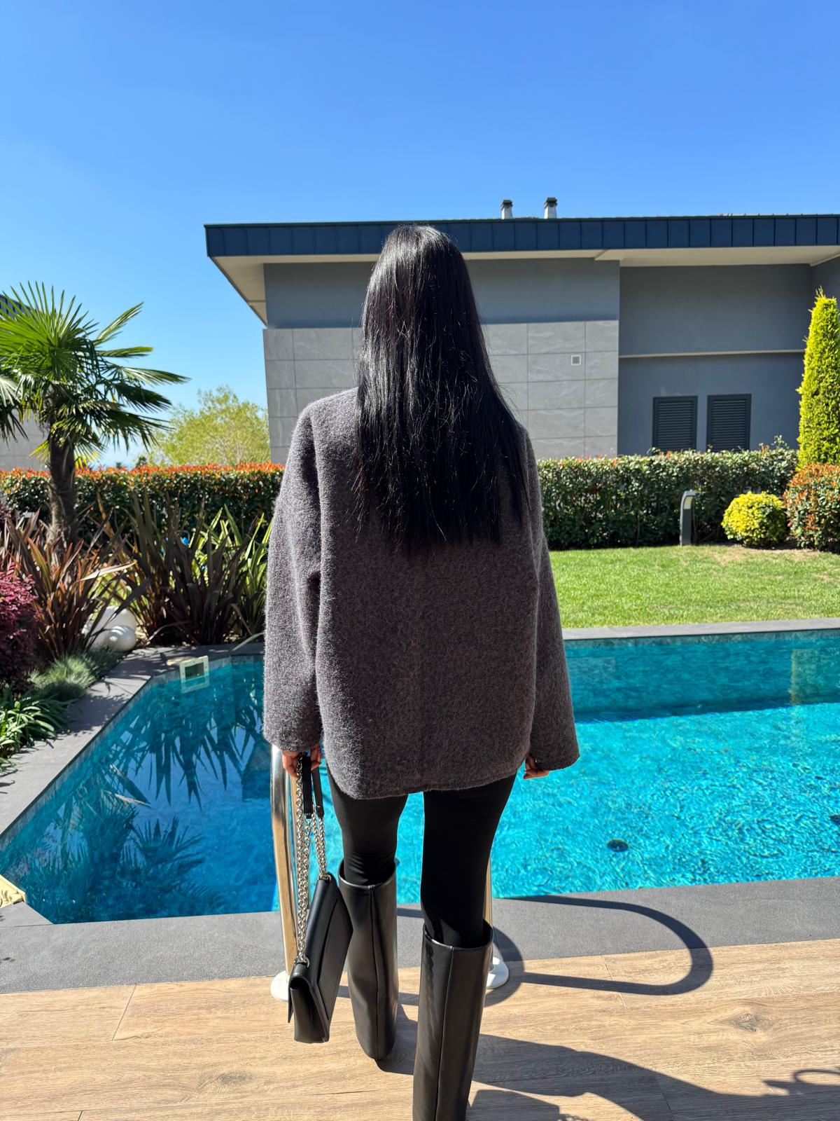 Önden Bağlamalı Kırçıllı Ceket Antrasit