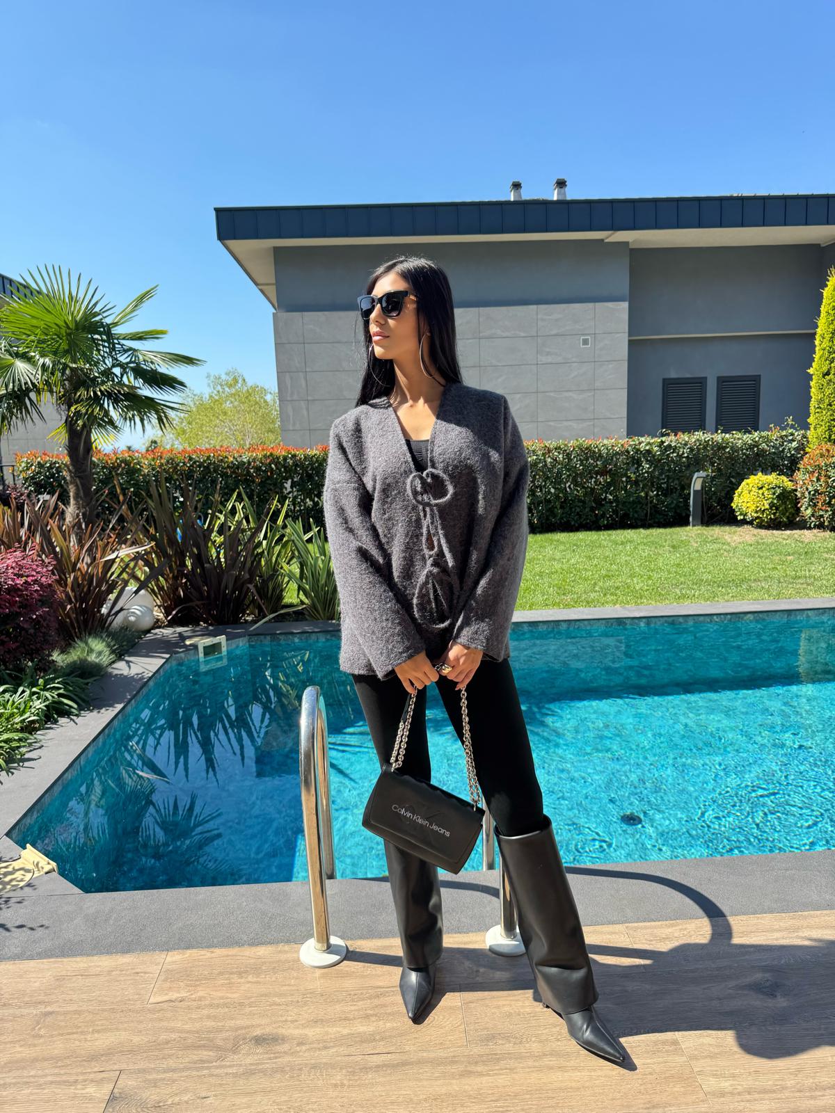 Önden Bağlamalı Kırçıllı Ceket Antrasit