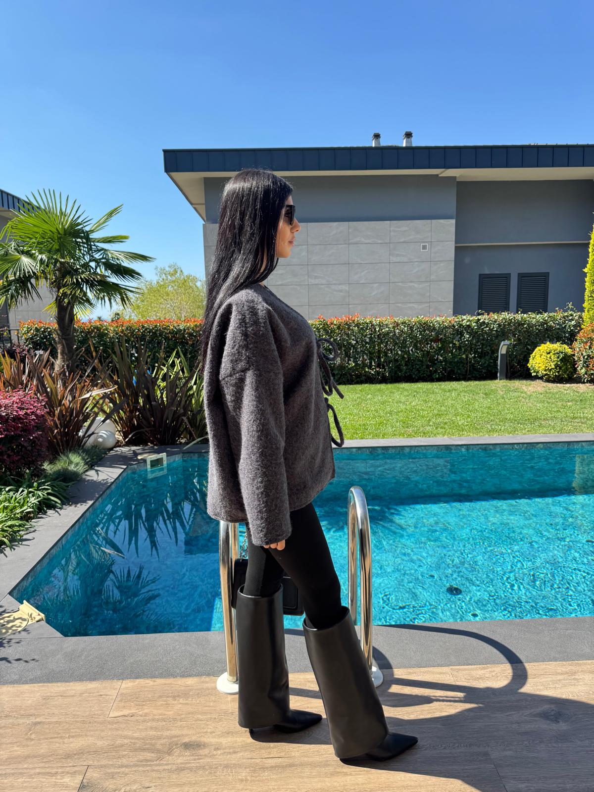 Önden Bağlamalı Kırçıllı Ceket Antrasit