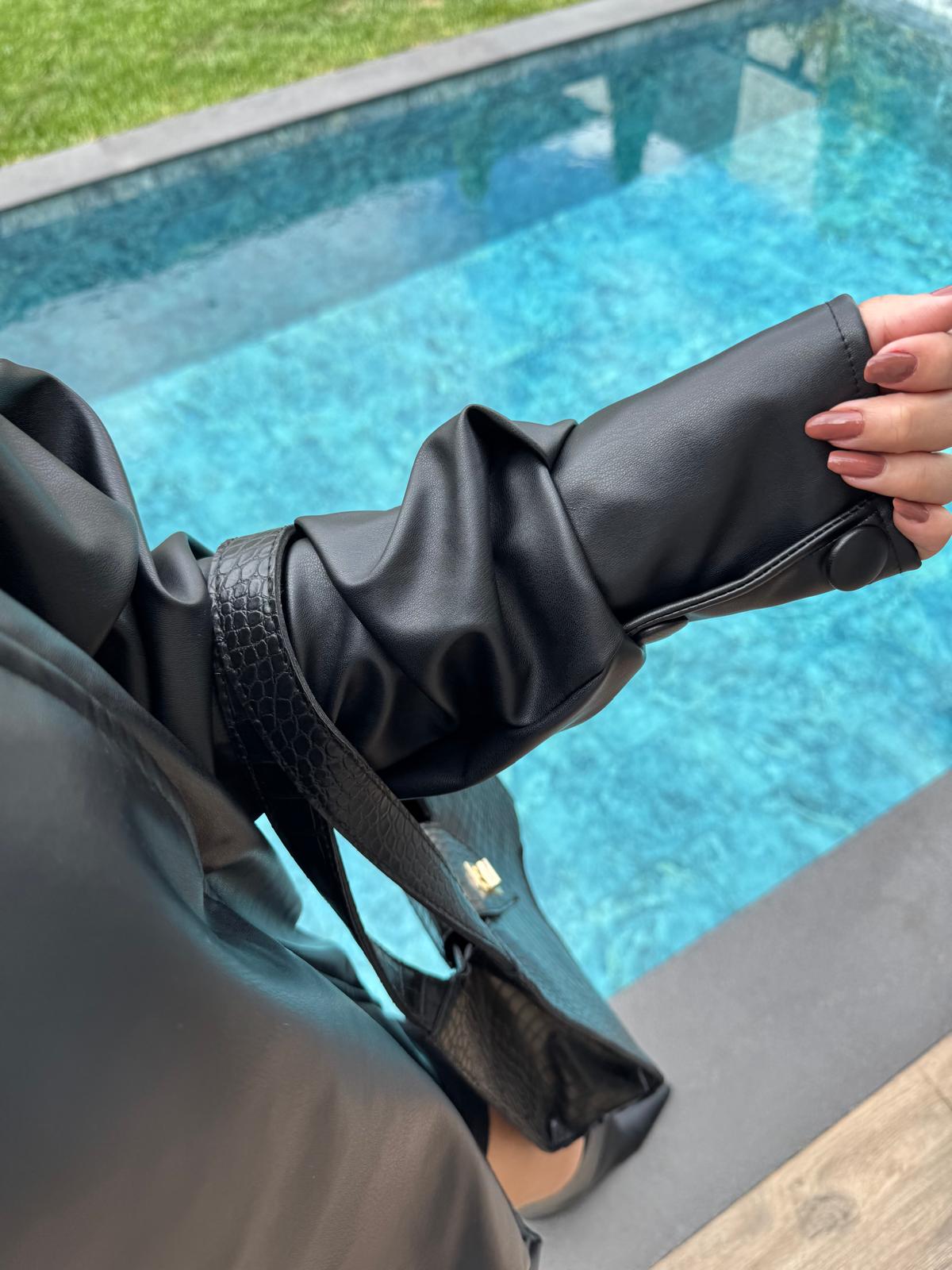 Kruvaze Kapama Deri Ceket SİYAH