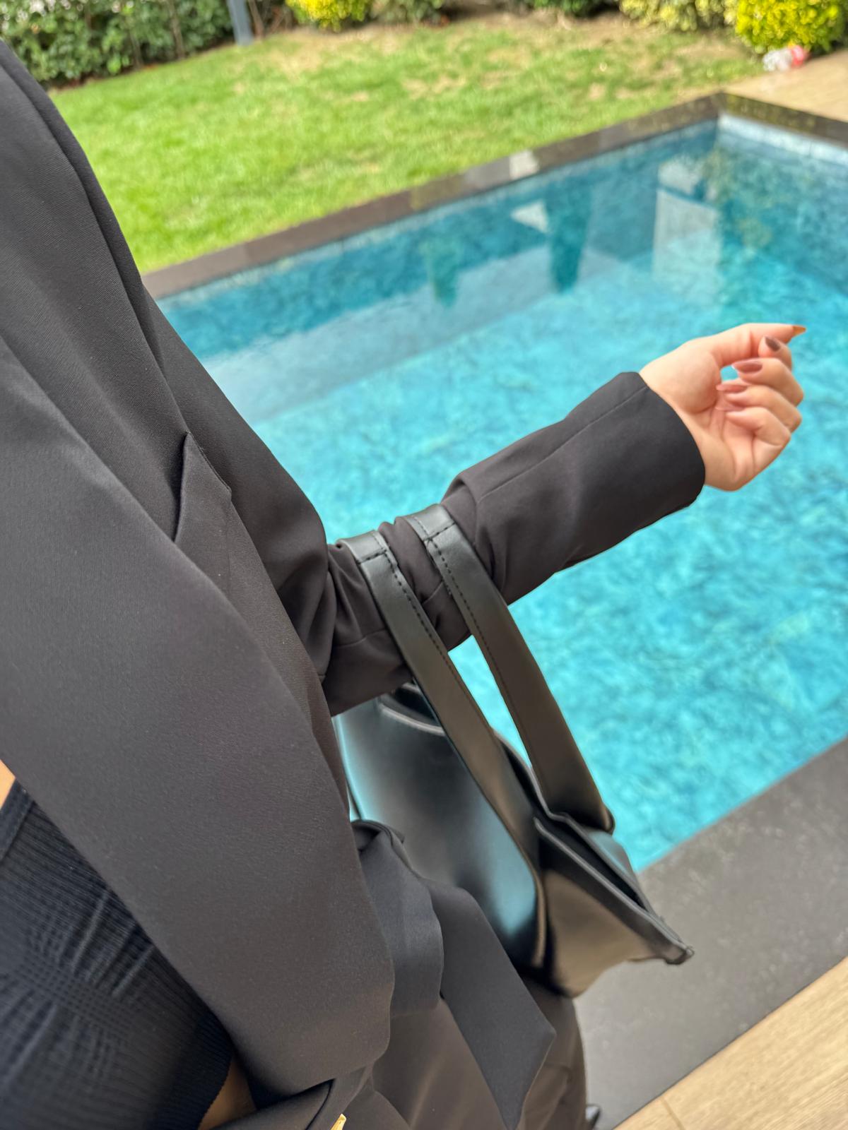 Kuşaklı Blazer Ceket Pantolon Takım Siyah