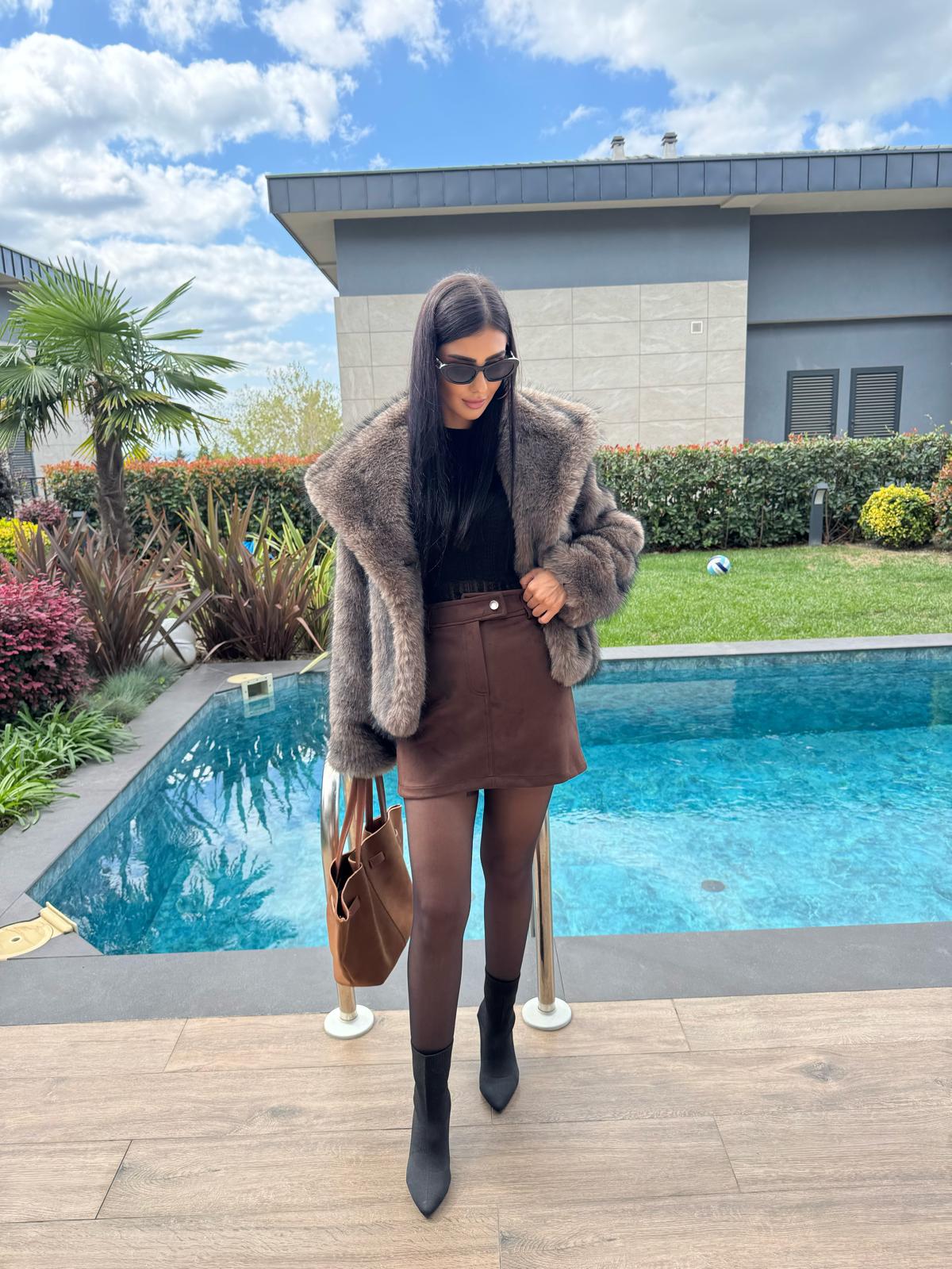 Kısa Scuba  Süet Acı Kahve Etek