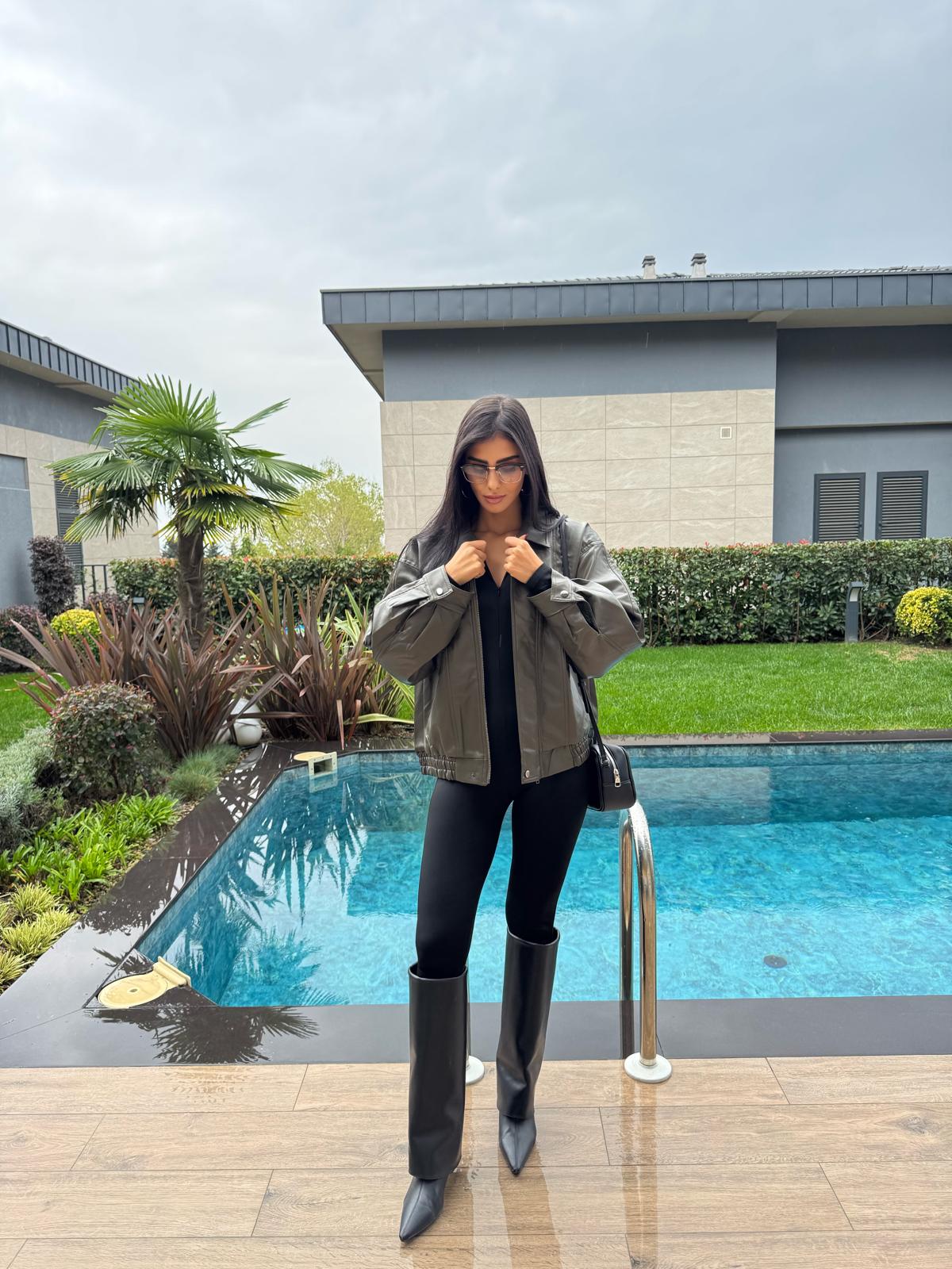 Oversize Bomber Haki  Deri Ceket