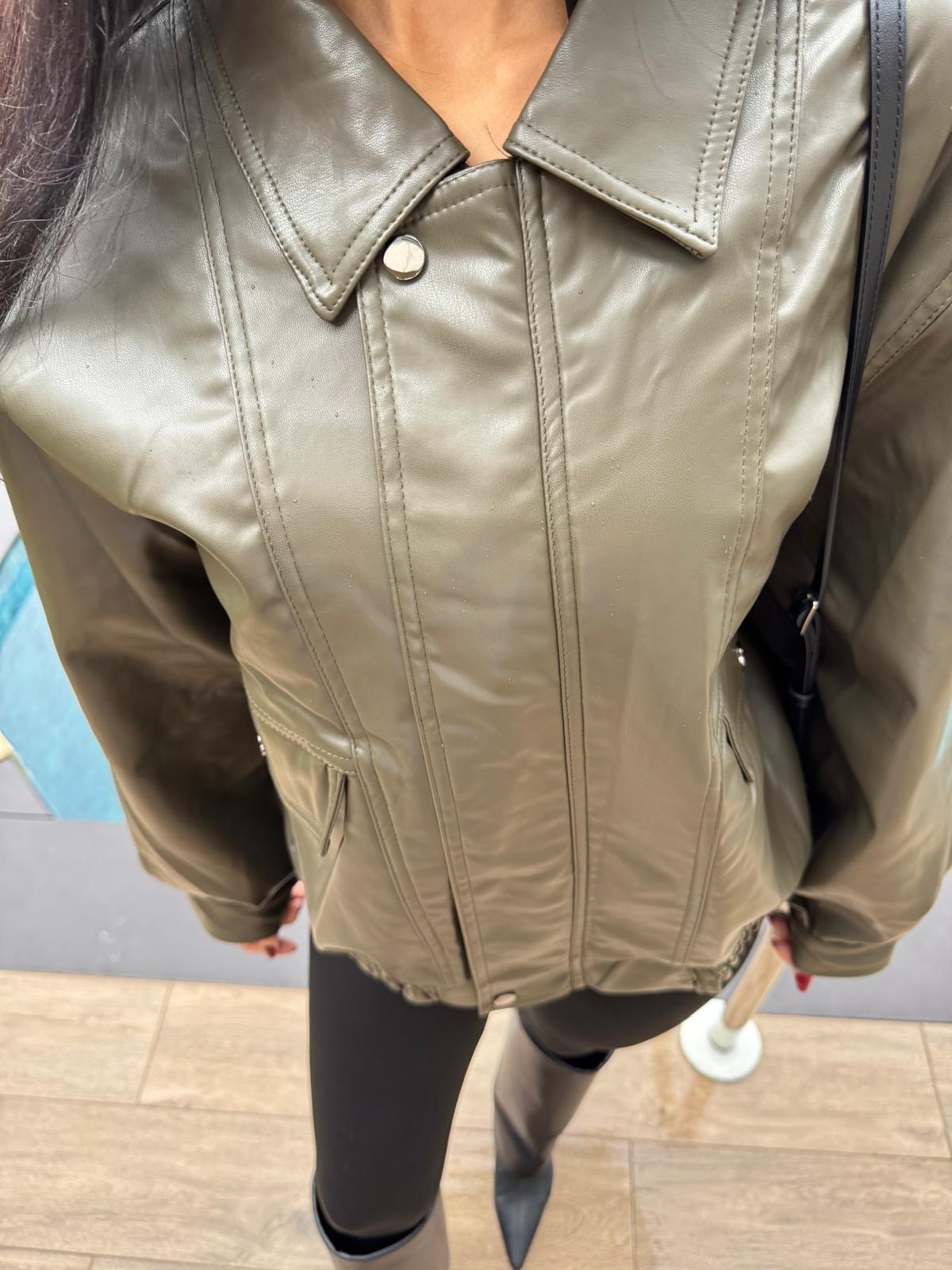 Oversize Bomber Haki  Deri Ceket