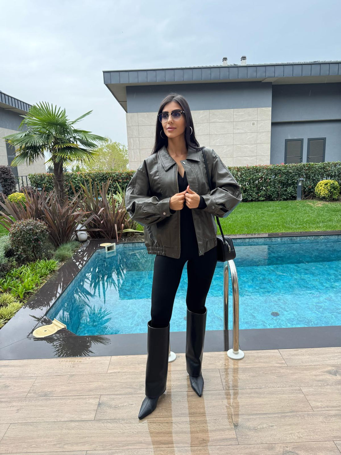 Oversize Bomber Haki  Deri Ceket