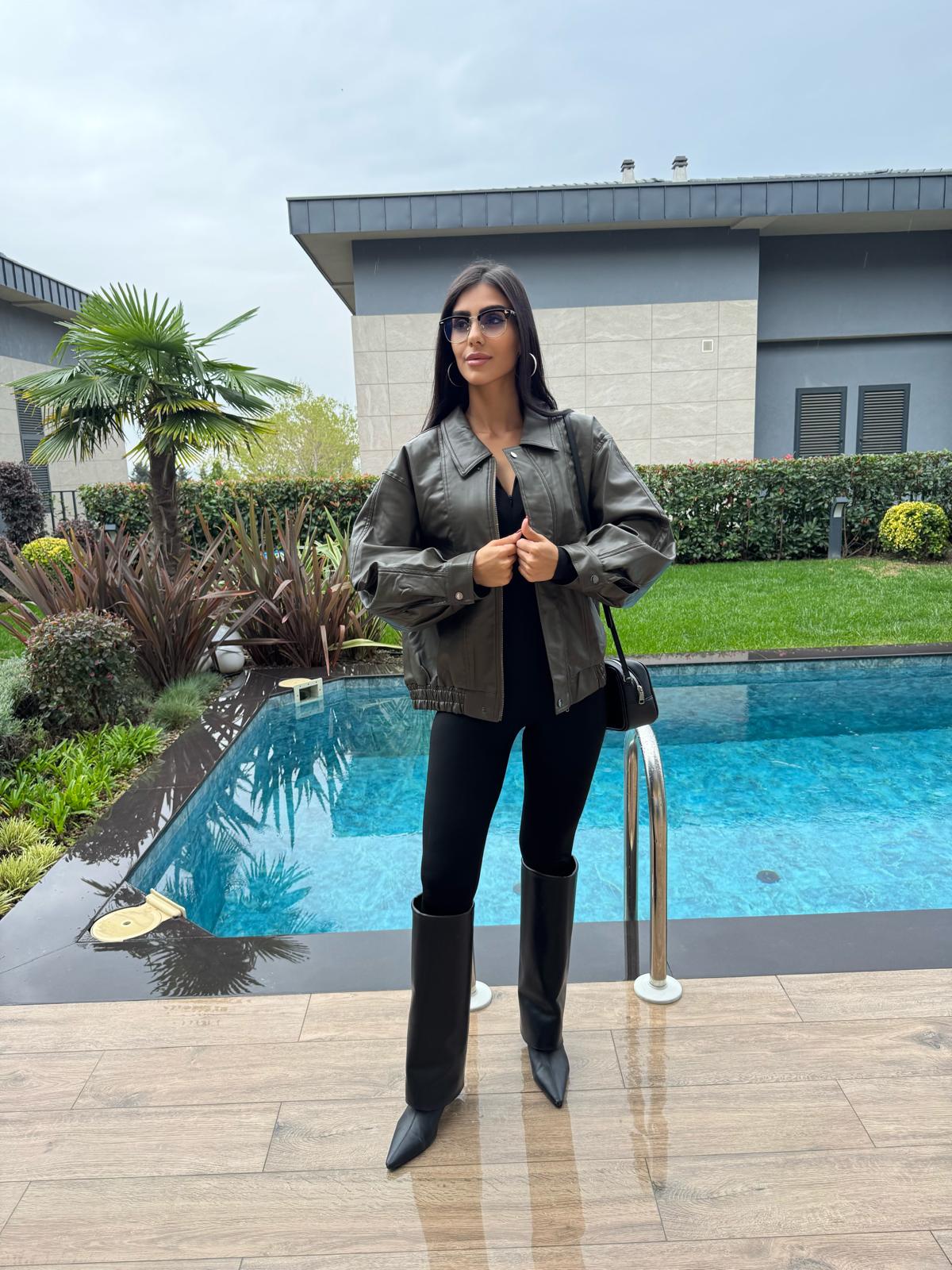 Oversize Bomber Haki  Deri Ceket