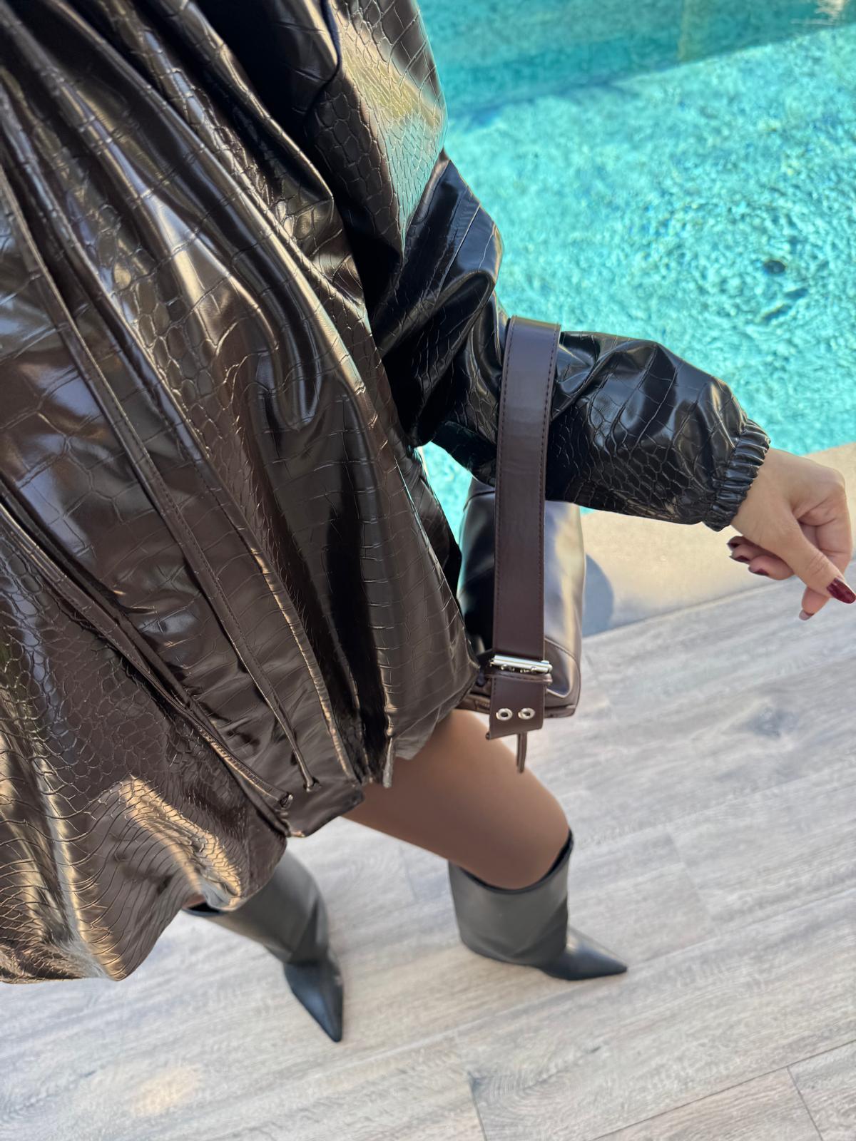 Acı Kahve Yılan Dokulu  Bomber Deri Mont