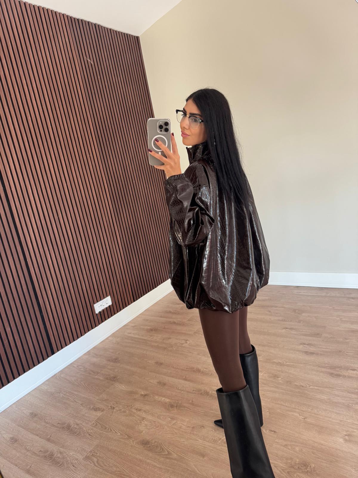 Acı Kahve Yılan Dokulu  Bomber Deri Mont