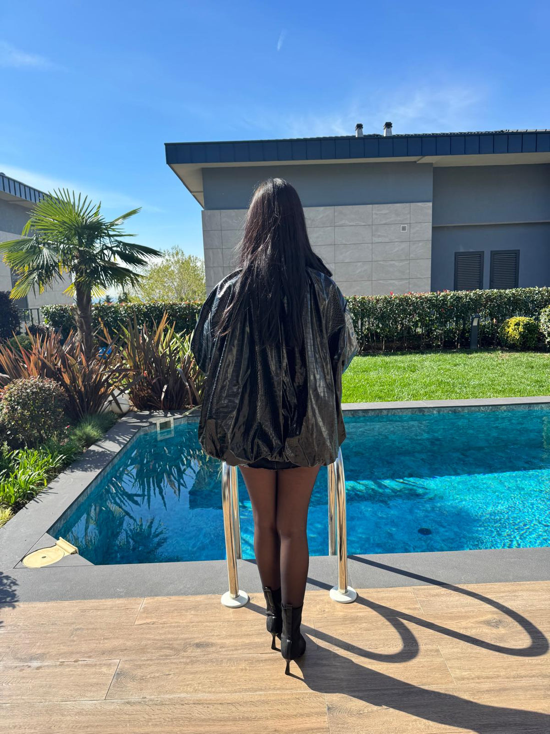 Siyah Yılan Dokulu Bomber Deri Mont