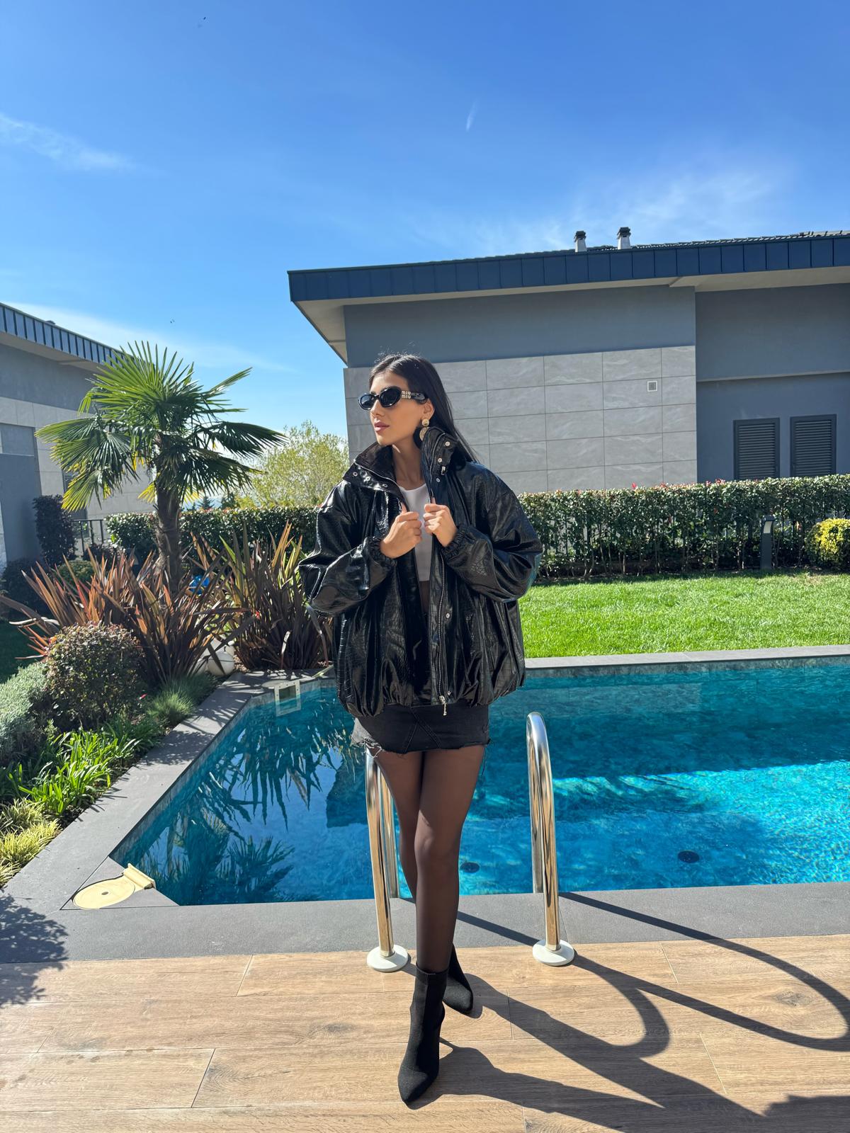 Siyah Yılan Dokulu Bomber Deri Mont