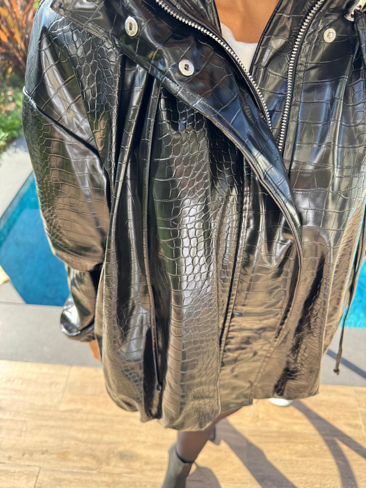 Siyah Yılan Dokulu Bomber Deri Mont