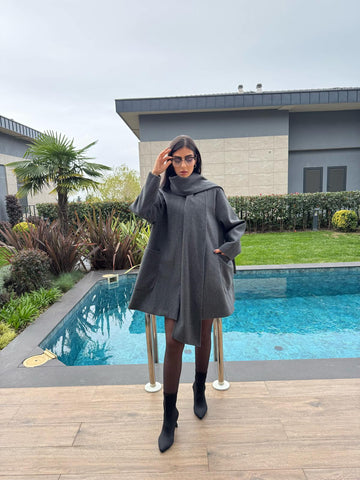 Şal Detaylı Premium Kalite Antrasit Kaşe Kaban