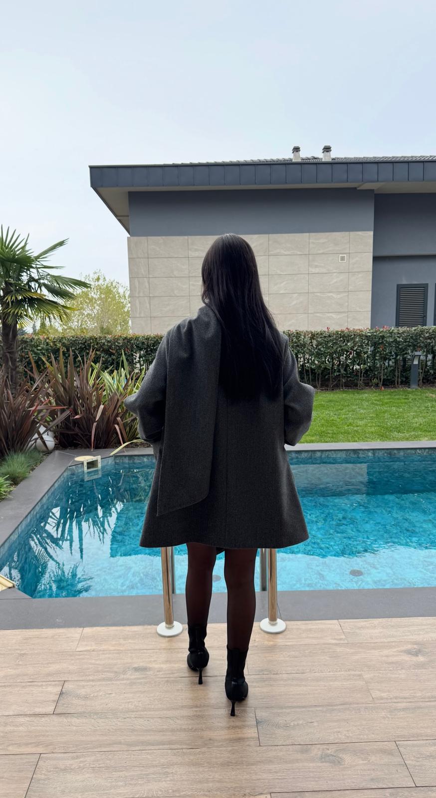 Şal Detaylı Premium Kalite Antrasit Kaşe Kaban