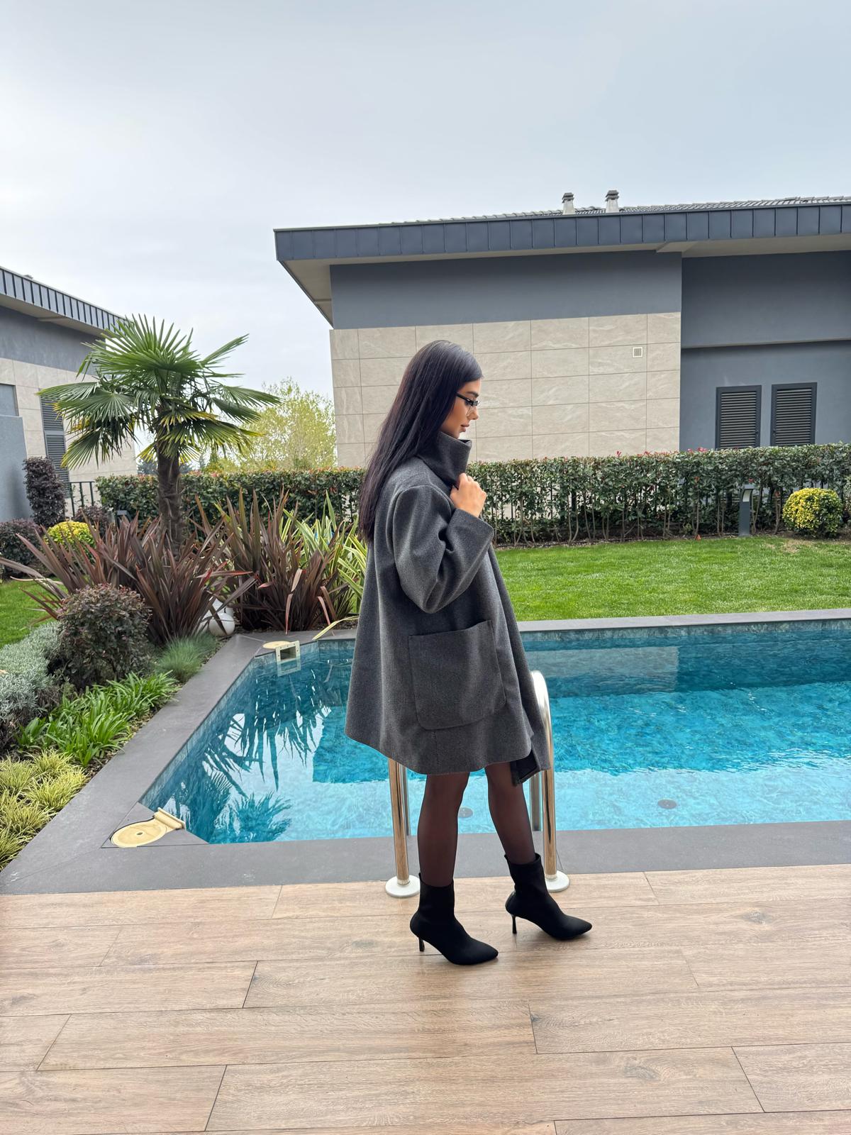 Şal Detaylı Premium Kalite Antrasit Kaşe Kaban