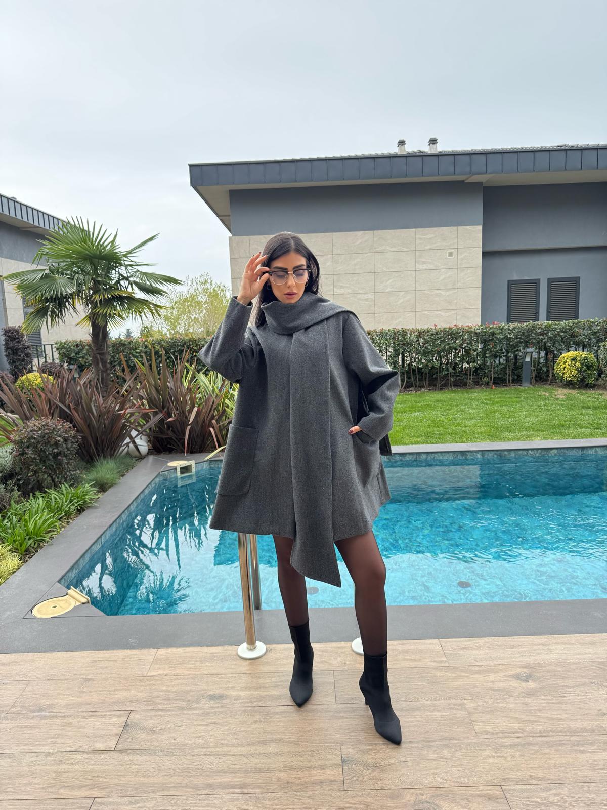 Şal Detaylı Premium Kalite Antrasit Kaşe Kaban