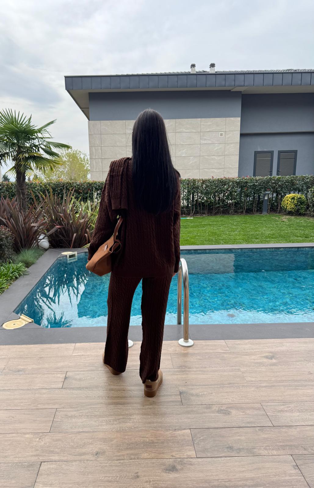 Kahve  Atkılı Saç Örgülü Triko 3'Lü Takım