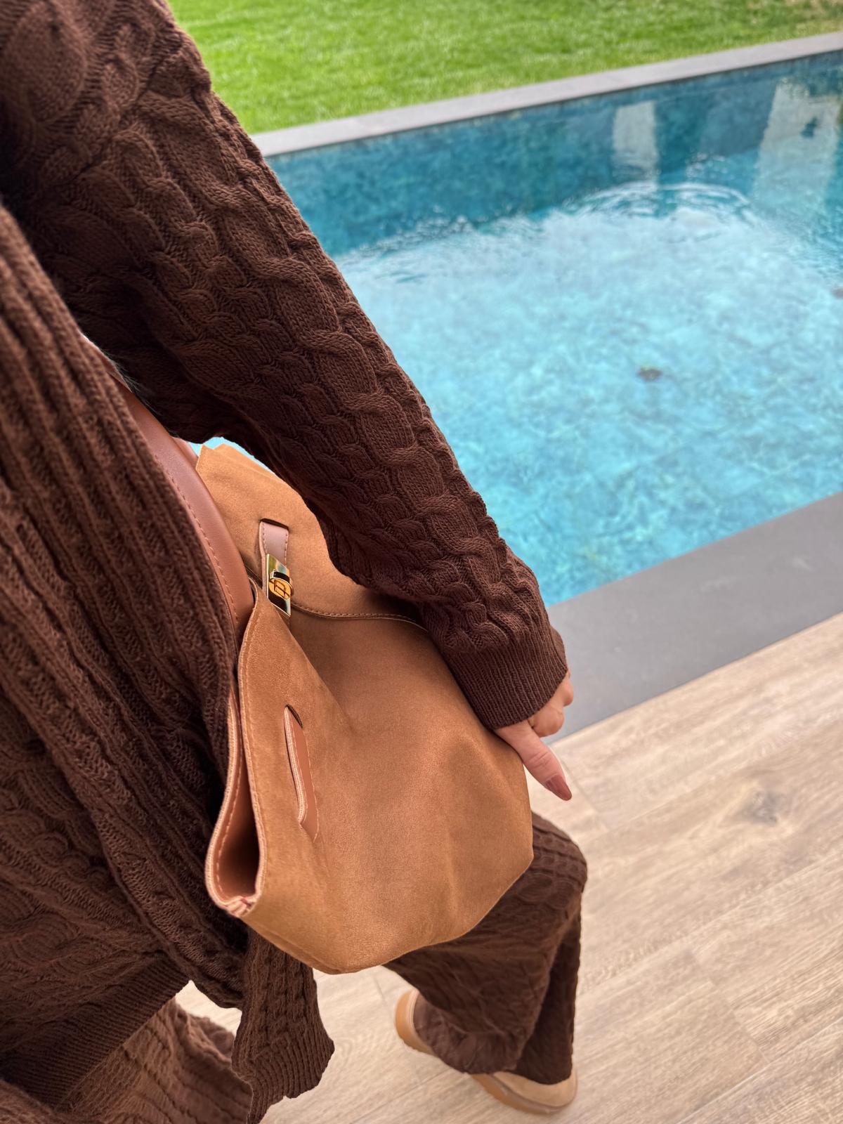 Kahve  Atkılı Saç Örgülü Triko 3'Lü Takım