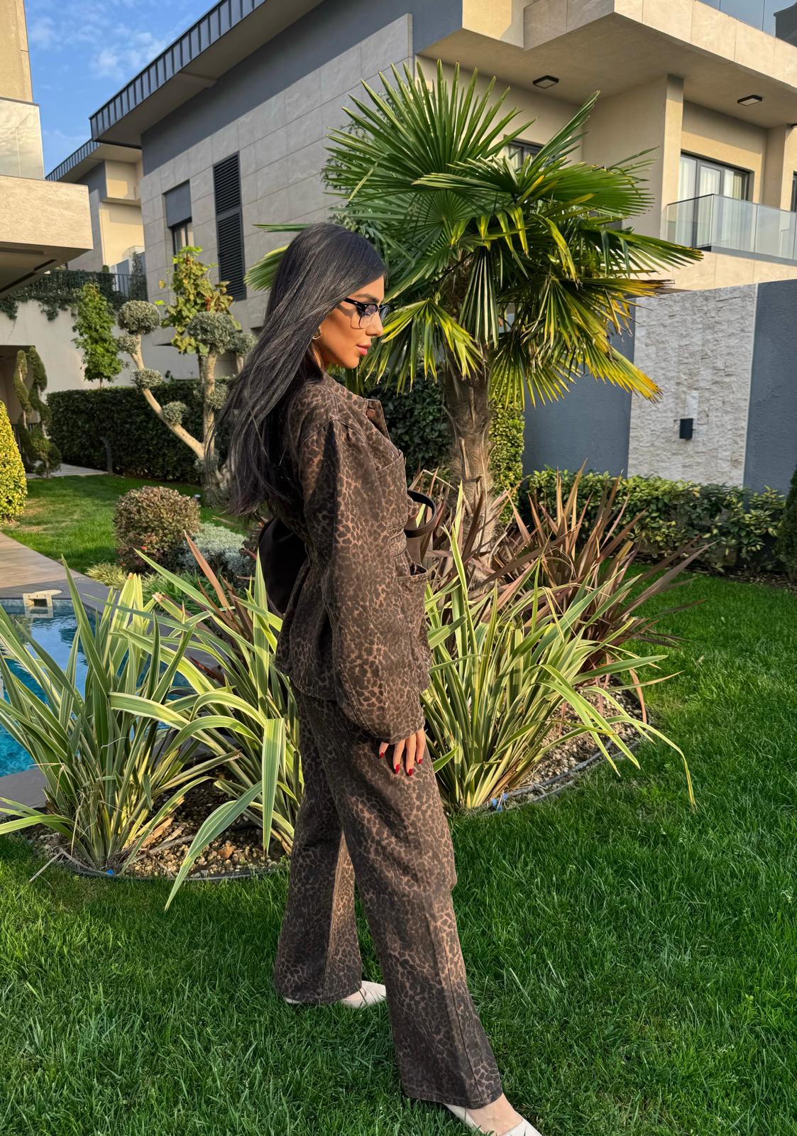 Premium Kalite Leopar Desenli Denim İkili Takım