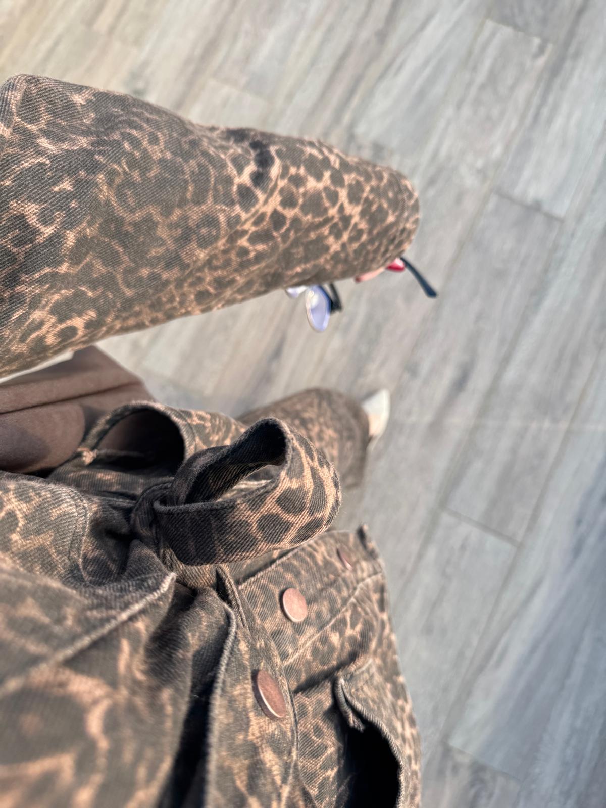 Premium Kalite Leopar Desenli Denim İkili Takım