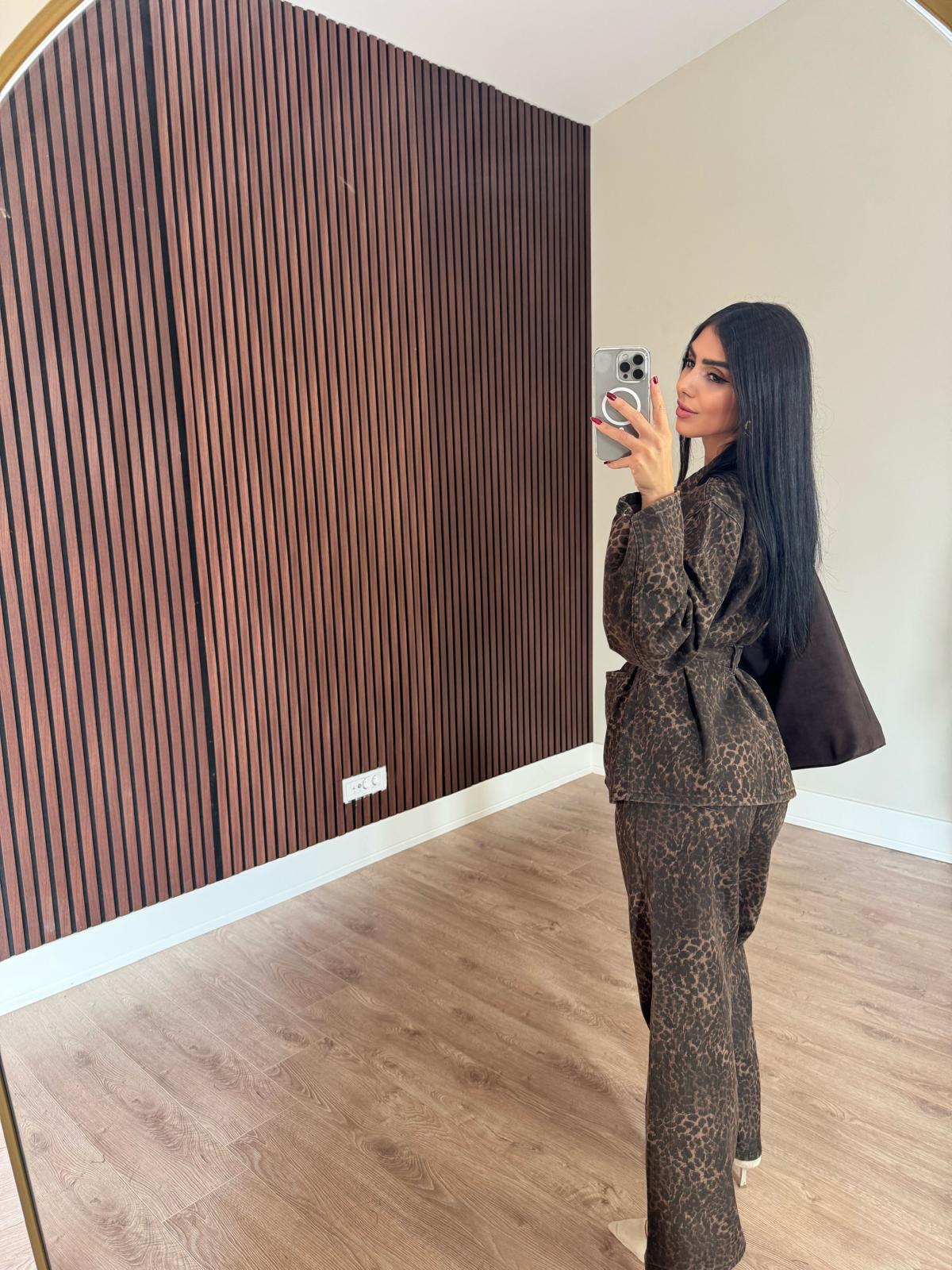 Premium Kalite Leopar Desenli Denim İkili Takım