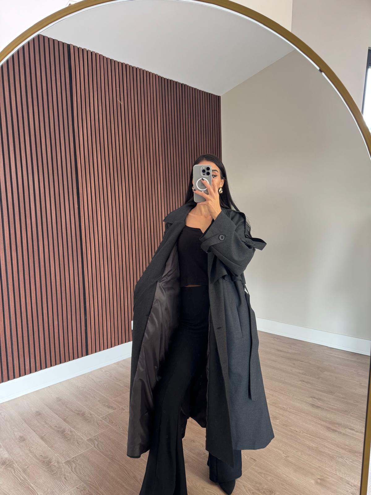 Premium Kalite Poliviskon Kumaş Astarlı Trençkot Antrasit