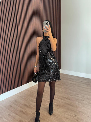 Siyah Halter Yaka Payetli Elbise