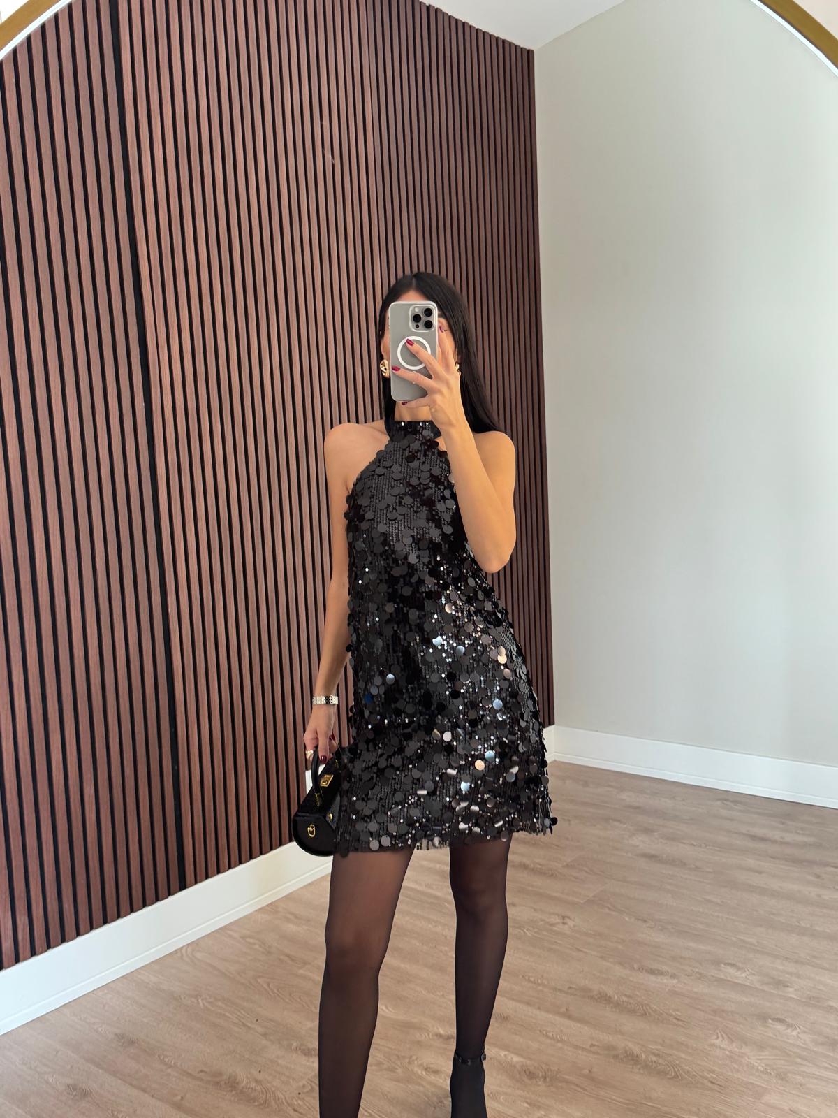 Siyah Halter Yaka Payetli Elbise