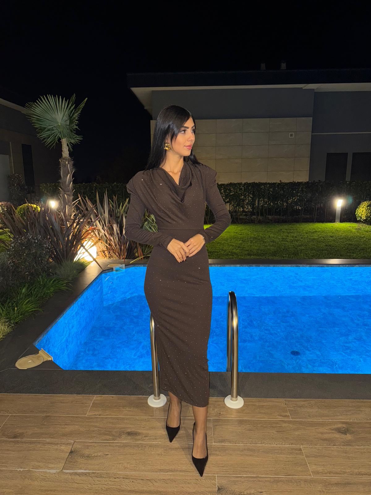 Acı Kahve Degaje Yaka Kalem Elbise