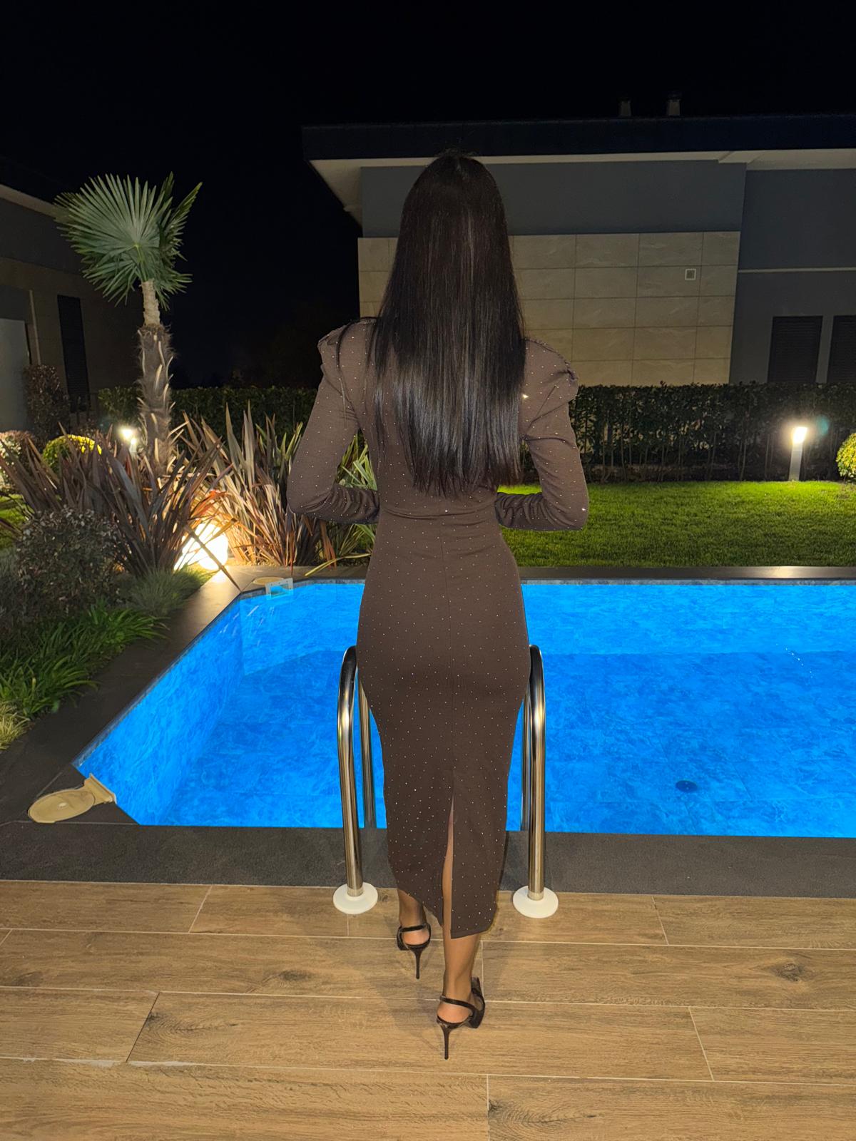 Acı Kahve Degaje Yaka Kalem Elbise