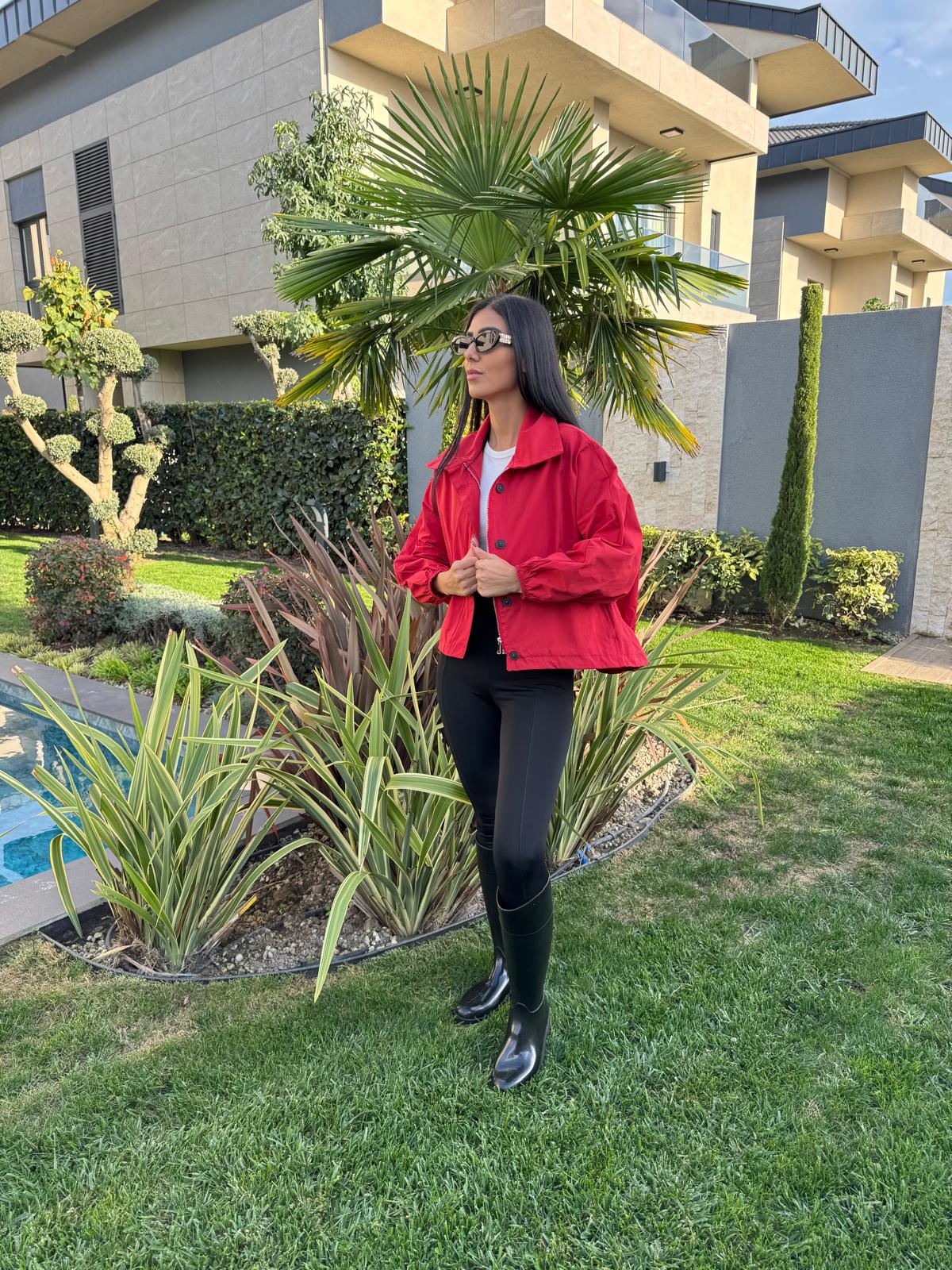 Kırmızı Rainy Dik Yaka Bomber Ceket