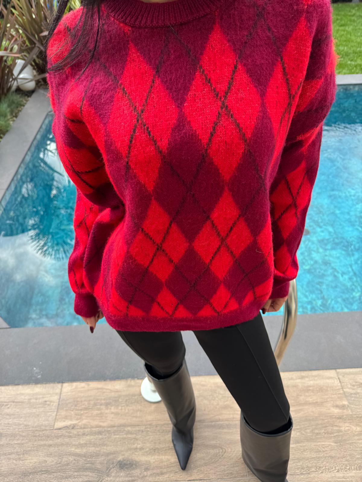 Kırmızı Bordo Baklava Desenli Kazak