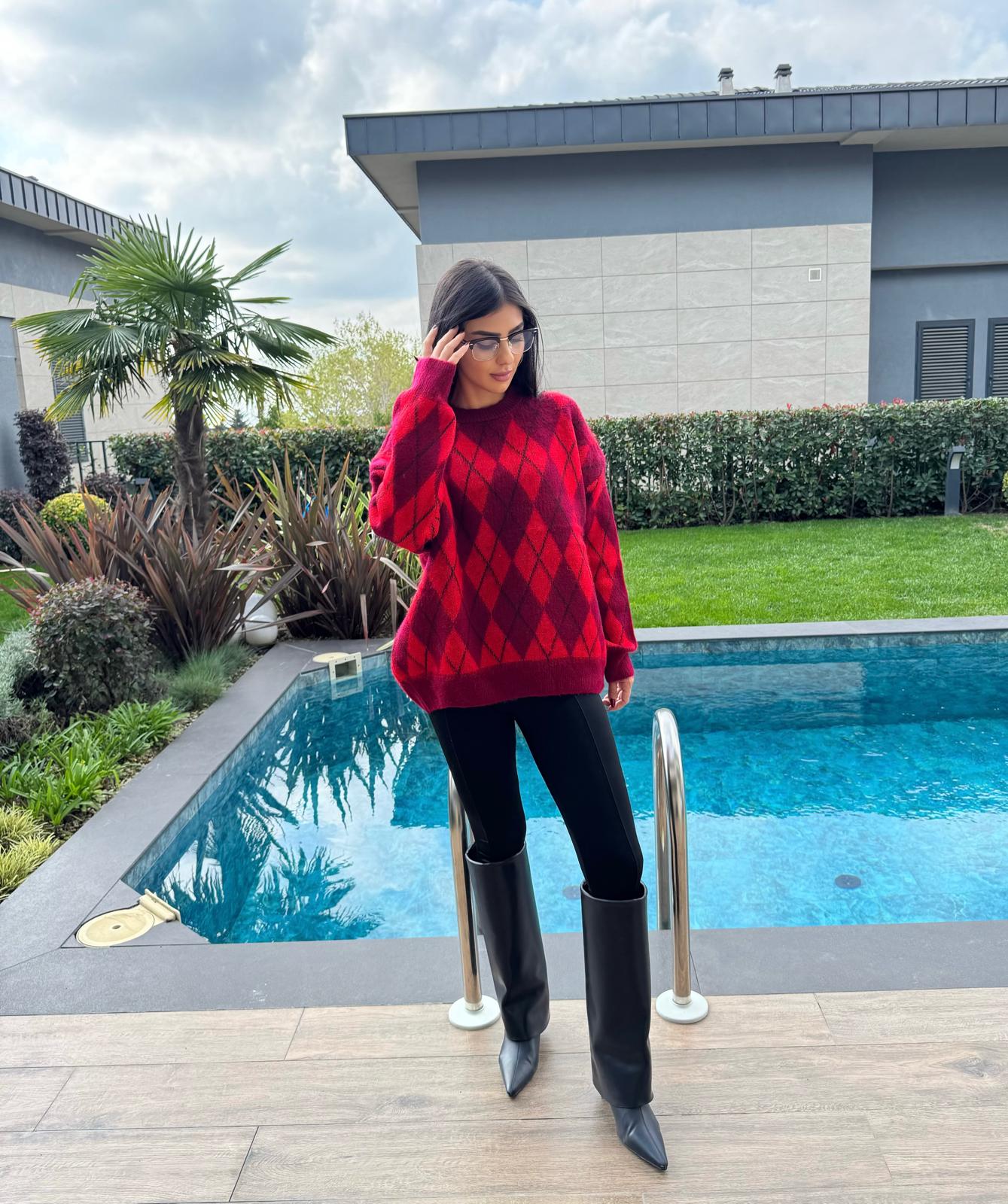 Kırmızı Bordo Baklava Desenli Kazak