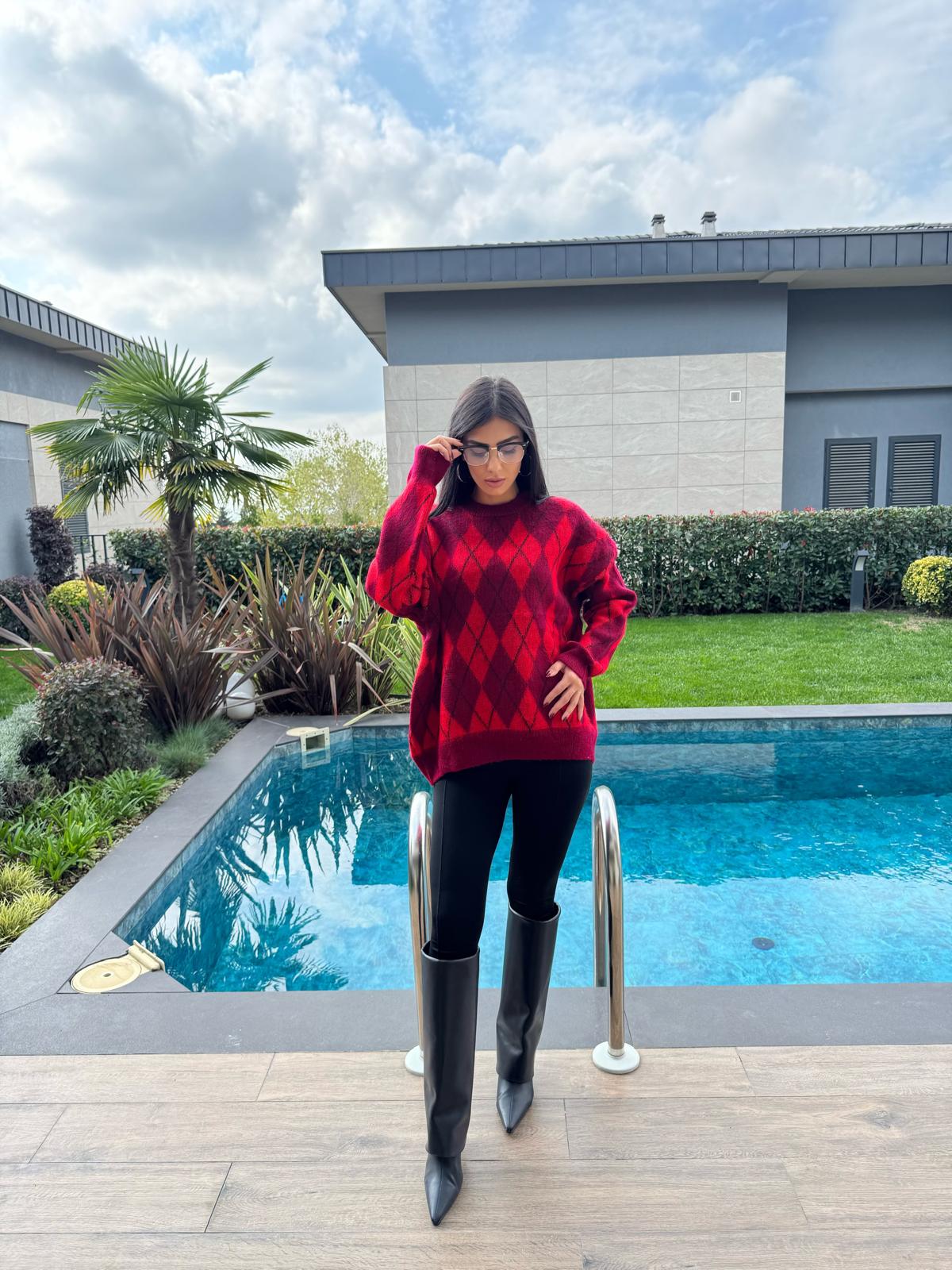 Kırmızı Bordo Baklava Desenli Kazak