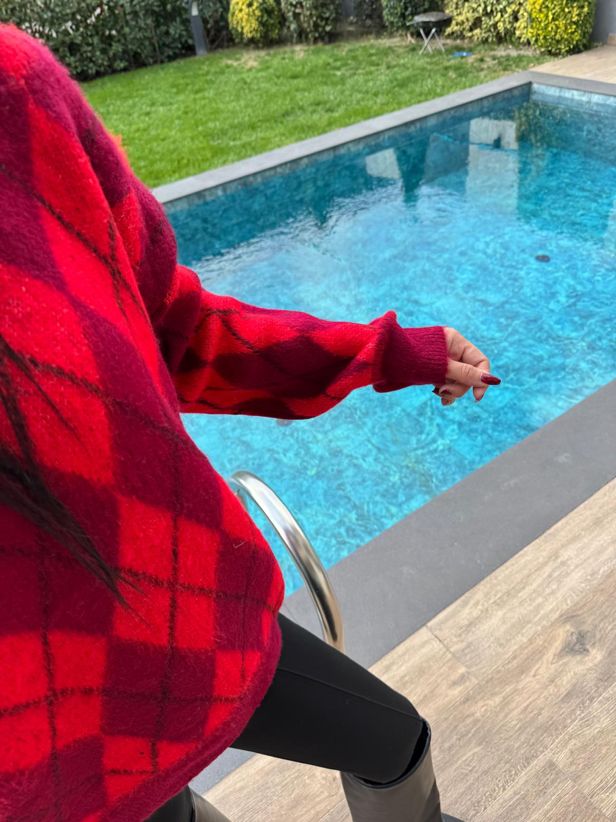 Kırmızı Bordo Baklava Desenli Kazak