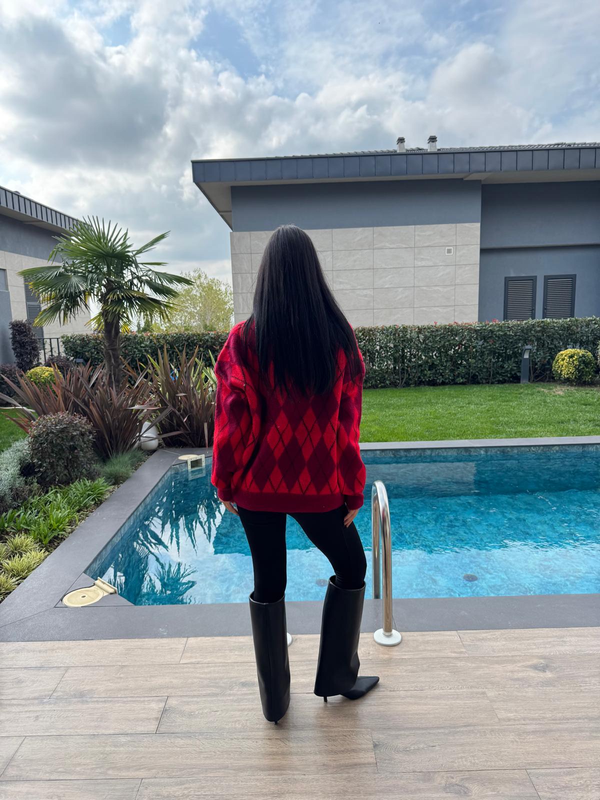 Kırmızı Bordo Baklava Desenli Kazak