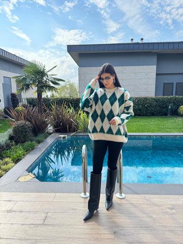 Ekru Yeşil  Baklava Desenli Kazak