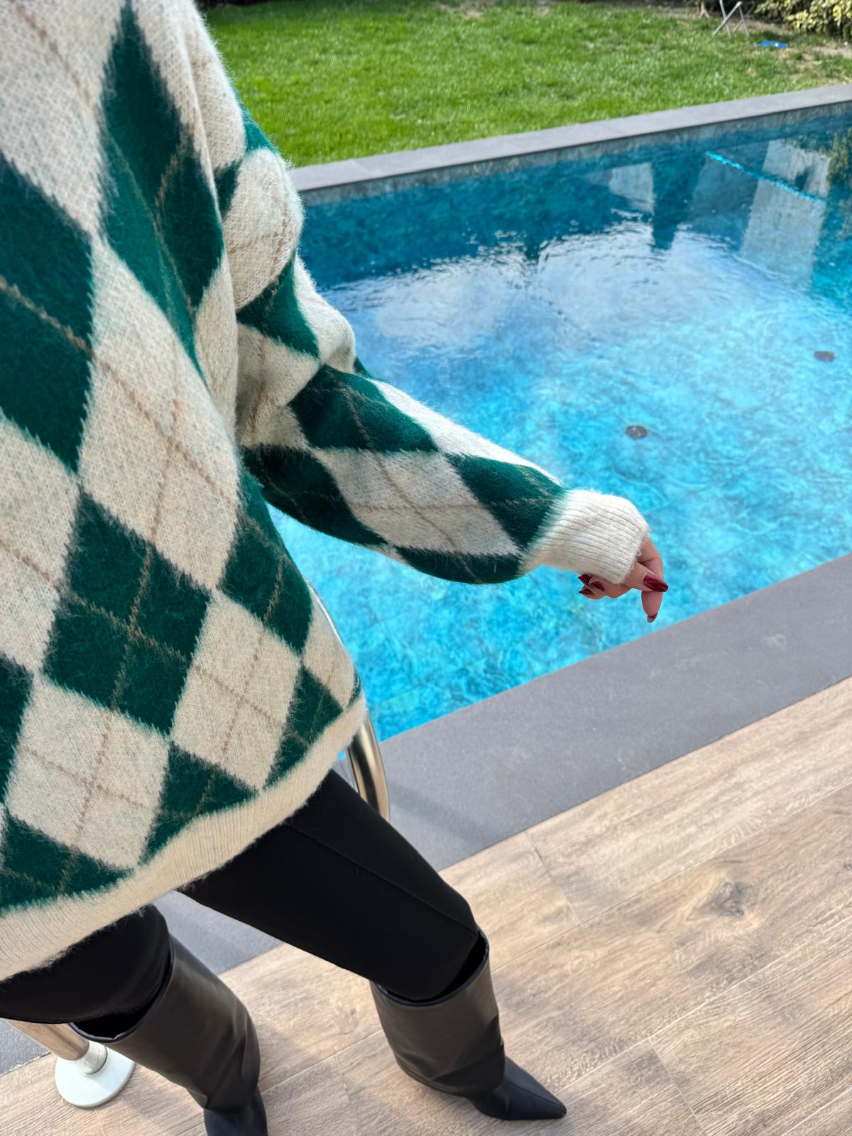 Ekru Yeşil  Baklava Desenli Kazak